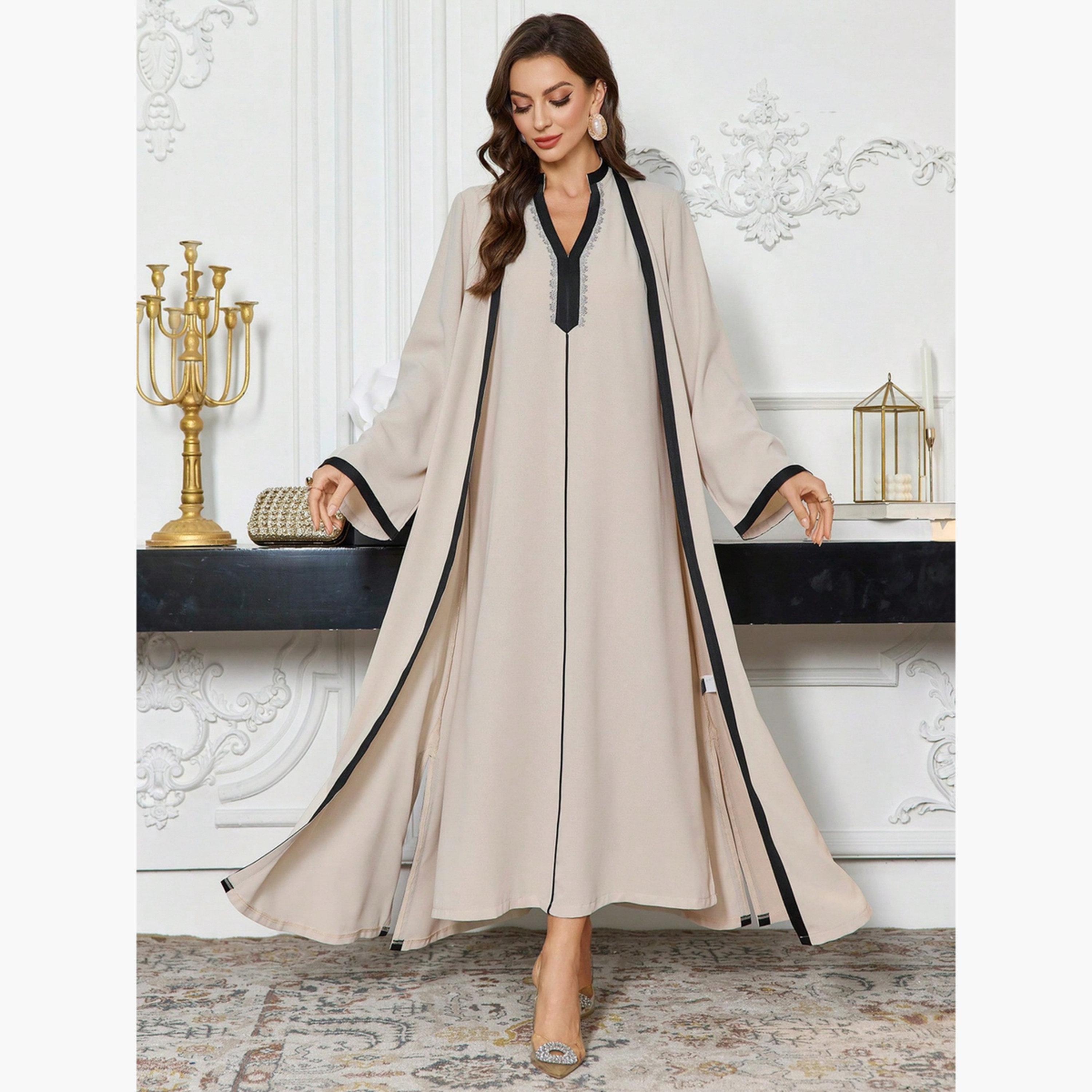 طقم كيمونو مفتوح بحواف متباينة مع فستان داخلي-women-arabicclothing-sets-image-1