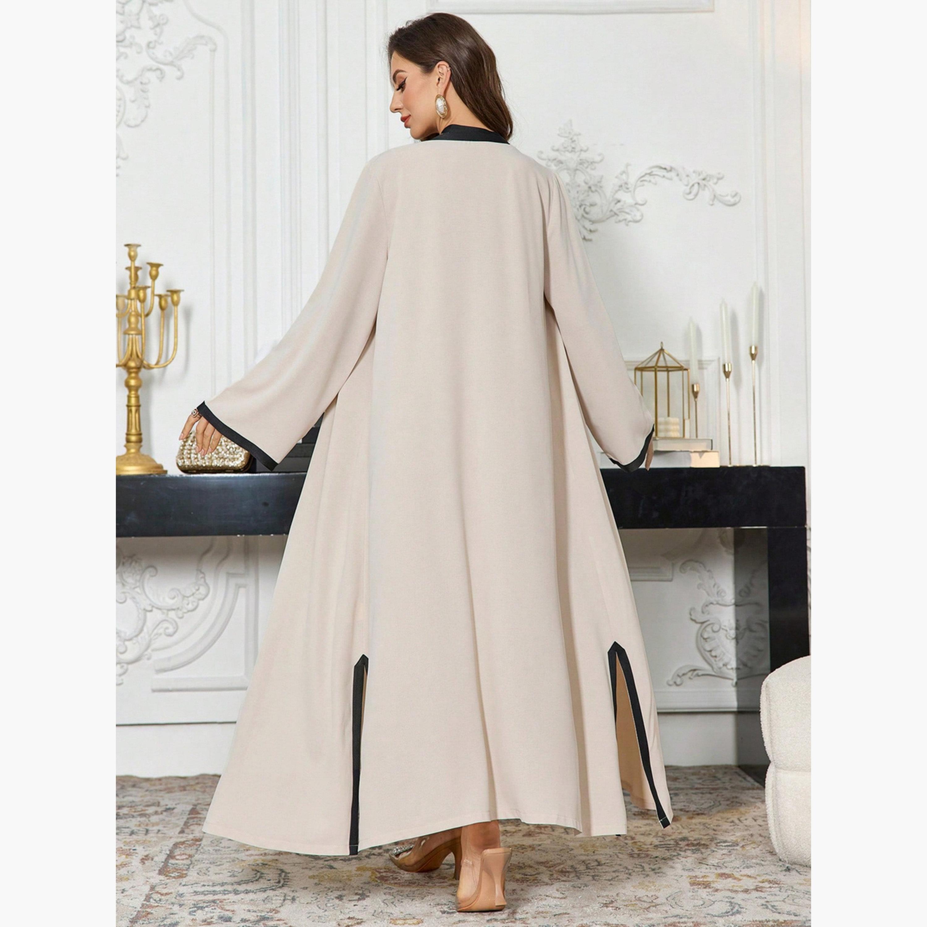Take Two Contrast Trim Open Front Abaya and Inner Dress Modest Set-women-arabicclothing-sets-image-4