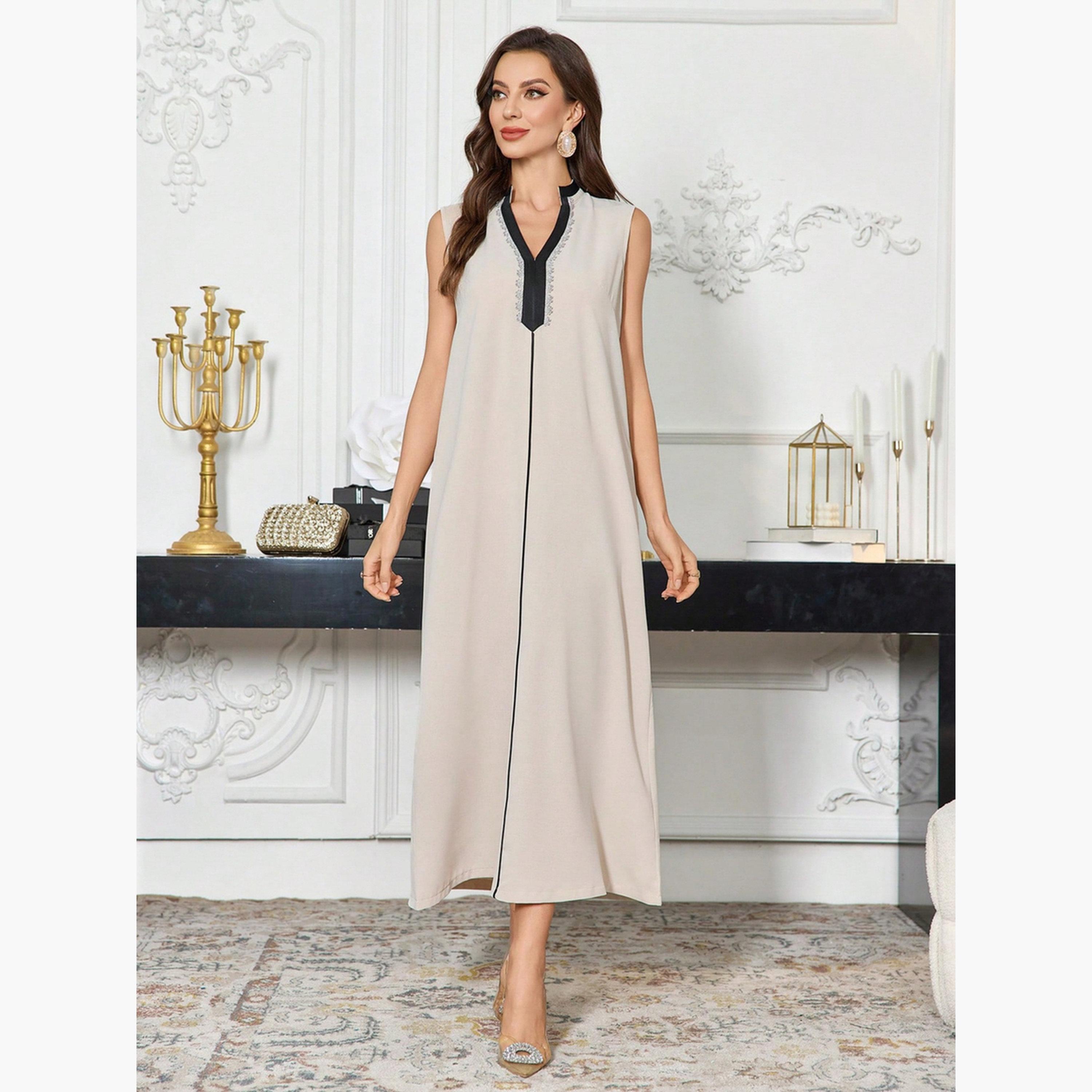 Take Two Contrast Trim Open Front Abaya and Inner Dress Modest Set-women-arabicclothing-sets-image-5