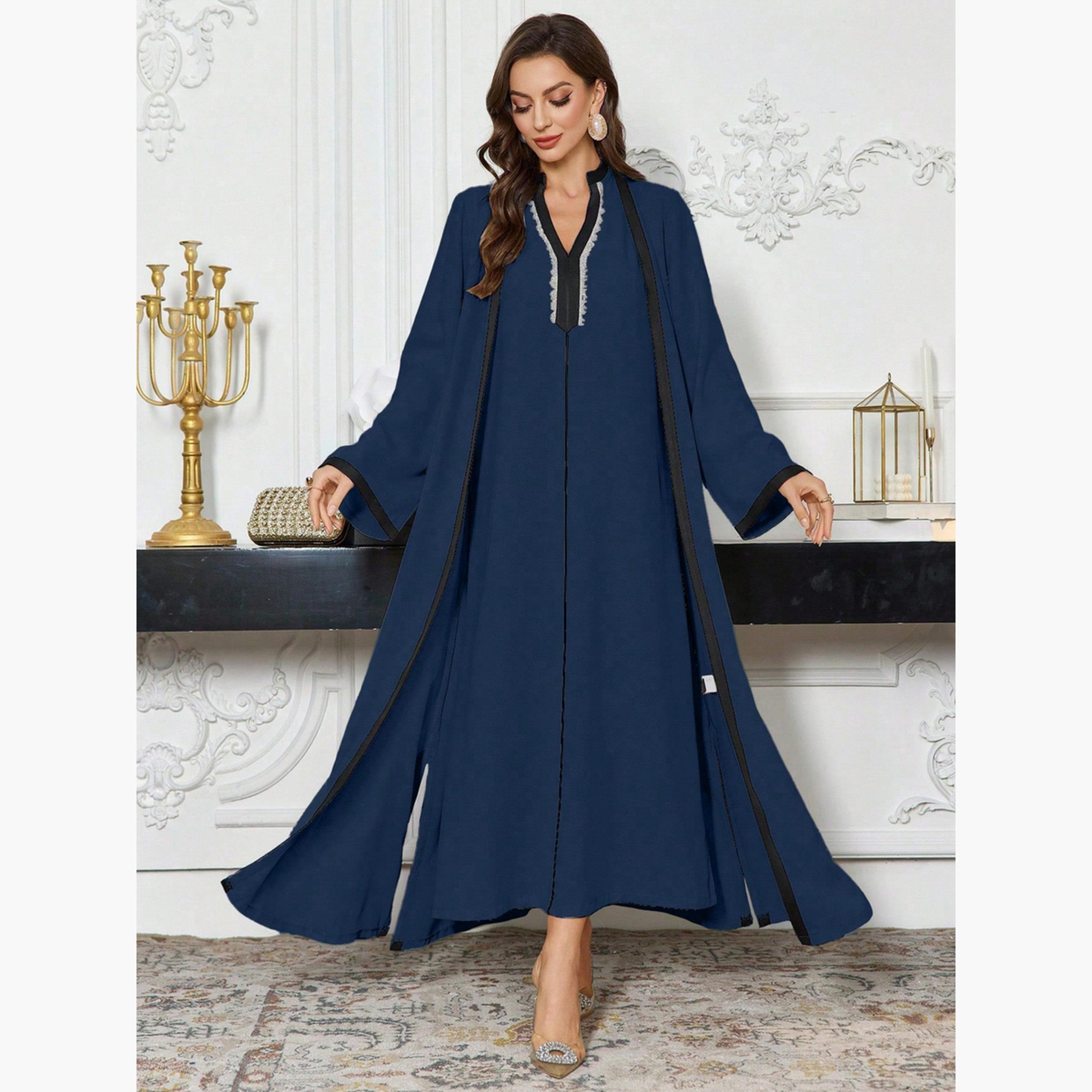 Take Two Contrast Trim Open Front Abaya and Inner Dress Modest Set-women-arabicclothing-sets-image-1