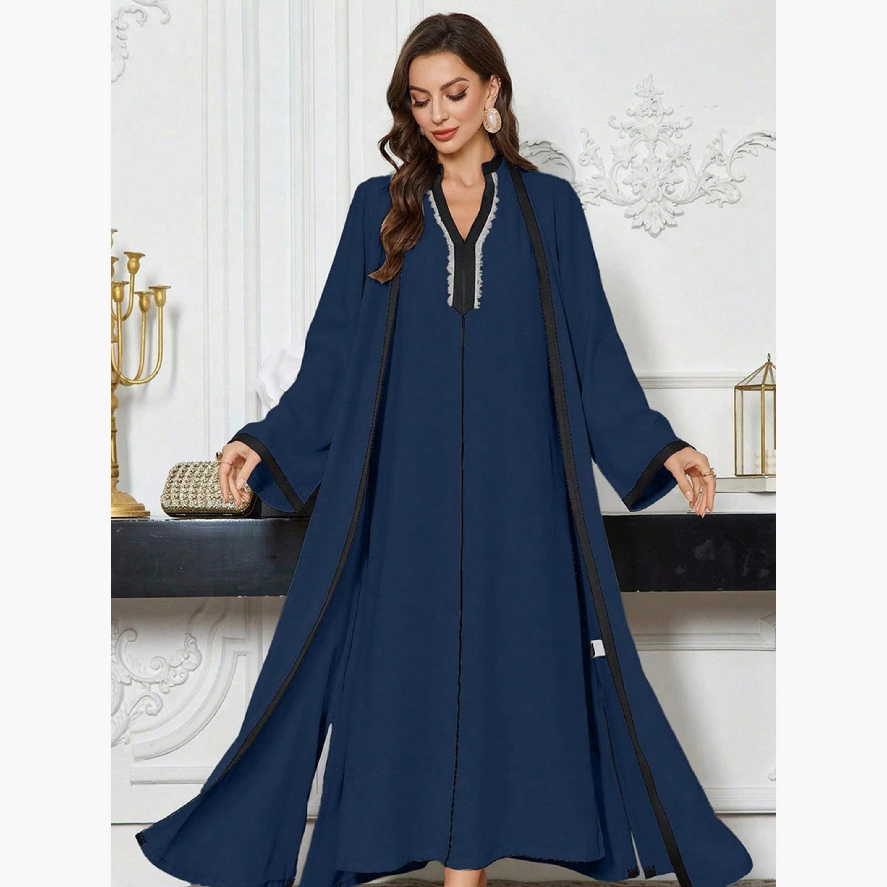 Take Two Contrast Trim Open Front Abaya and Inner Dress Modest Set-women-arabicclothing-sets-image-2