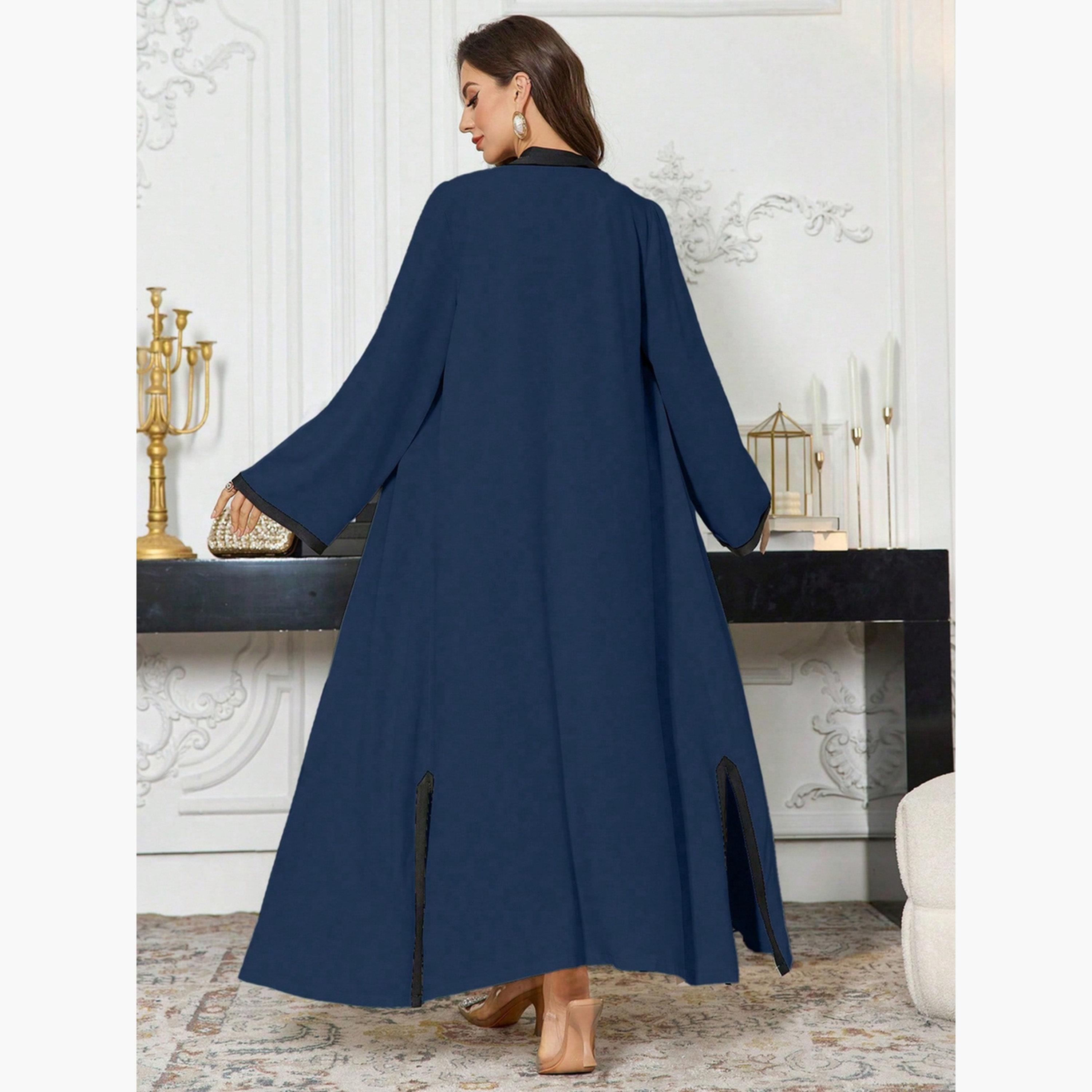 Take Two Contrast Trim Open Front Abaya and Inner Dress Modest Set-women-arabicclothing-sets-image-3