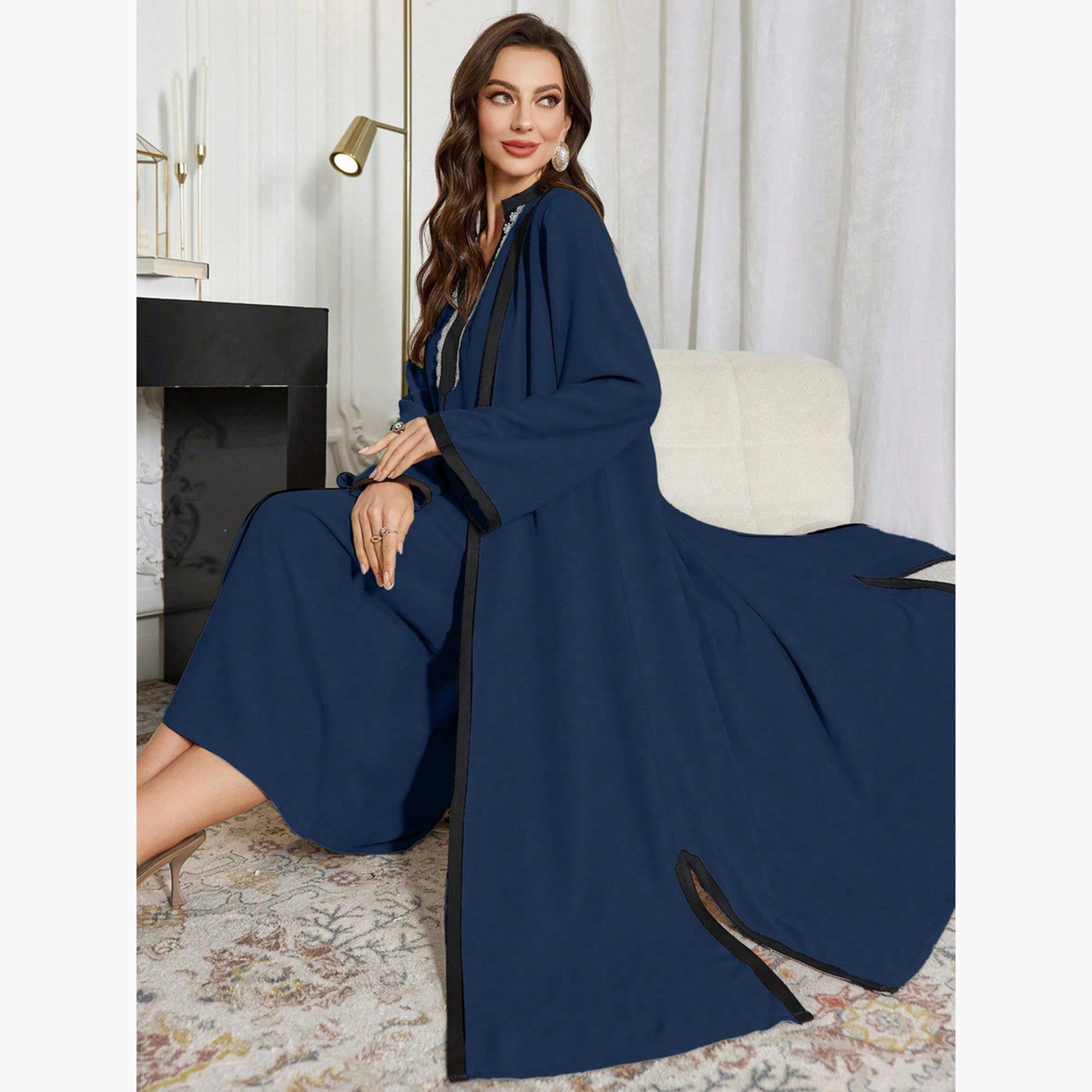 Take Two Contrast Trim Open Front Abaya and Inner Dress Modest Set-women-arabicclothing-sets-image-4