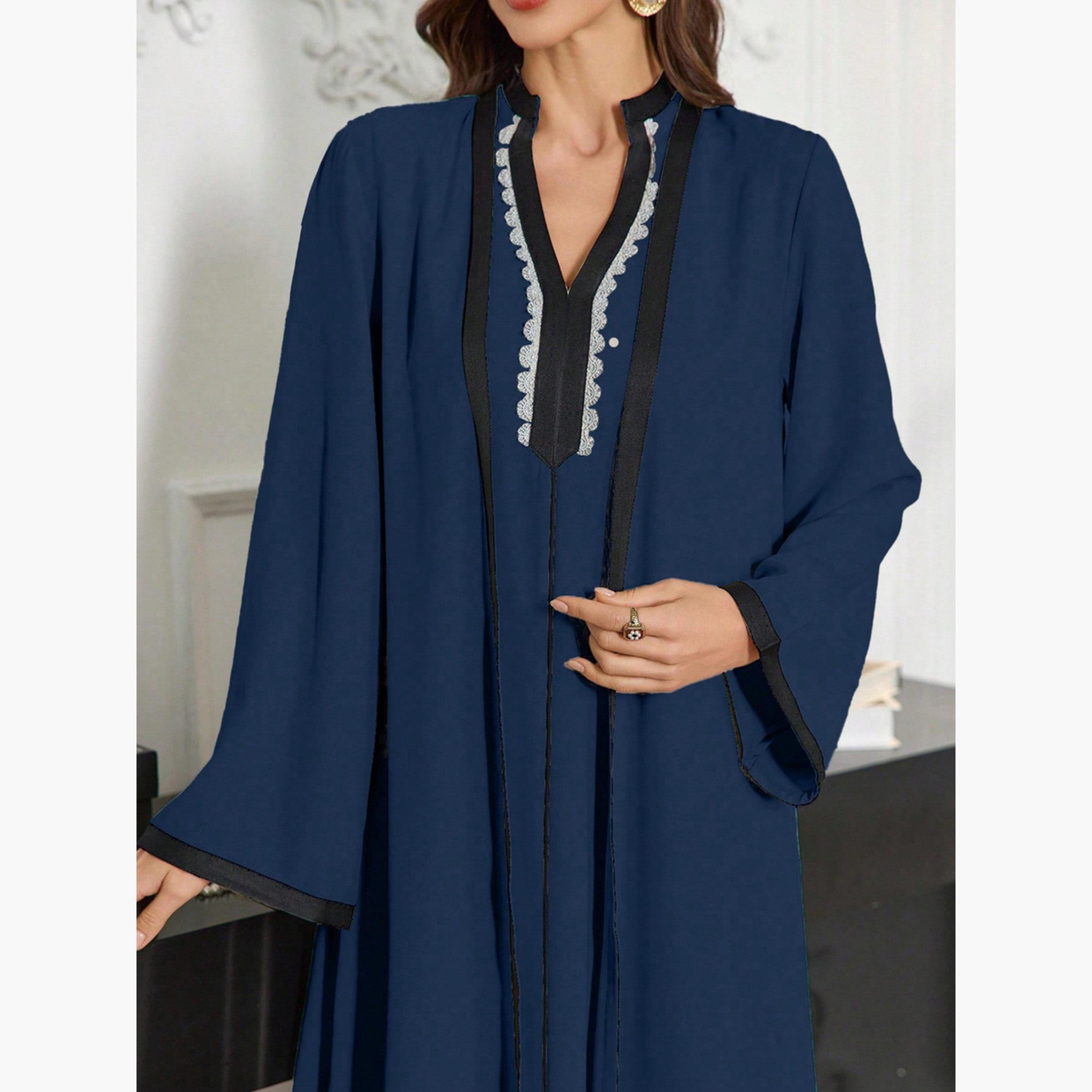Take Two Contrast Trim Open Front Abaya and Inner Dress Modest Set-women-arabicclothing-sets-image-6