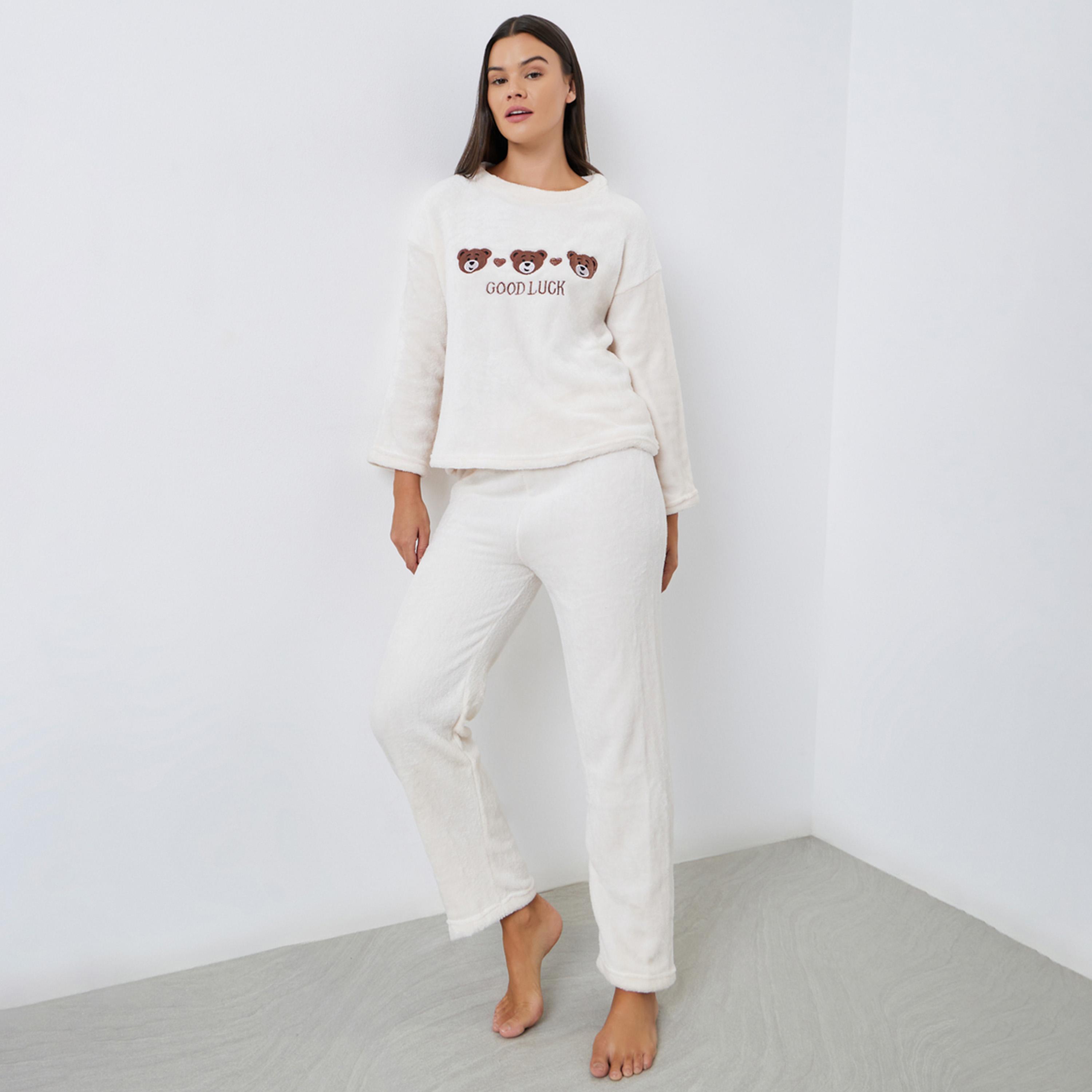 Styli Fleece Bear Embroidery Top and Pyjama Set-women-clothing-nightwear-pyjamas-longsets-image-1