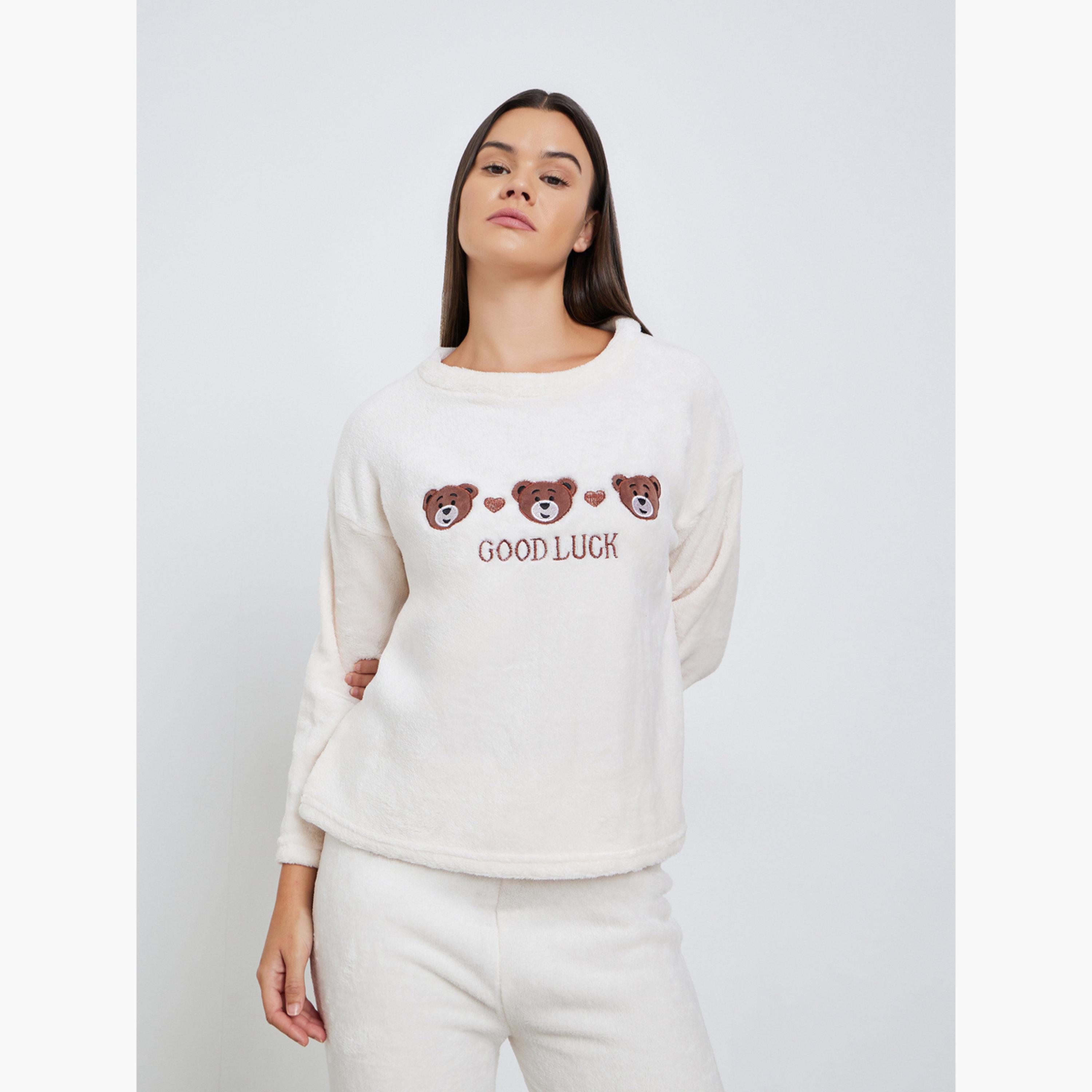 Styli Fleece Bear Embroidery Top and Pyjama Set-women-clothing-nightwear-pyjamas-longsets-image-2