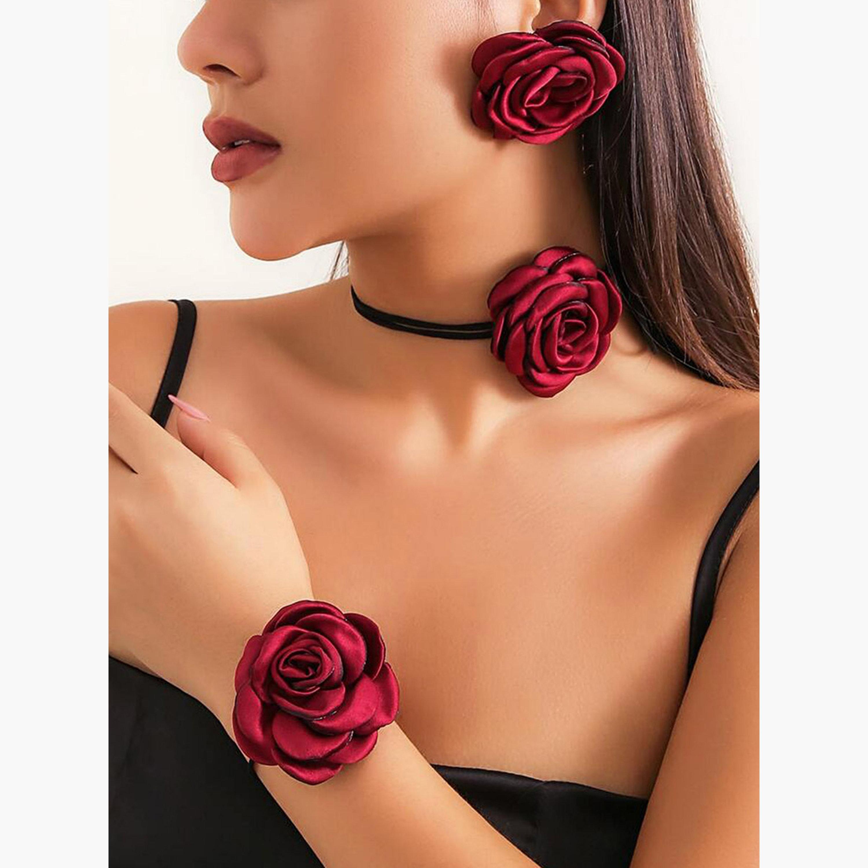 تيك تو - طقم 3 قطع قلادة وأقراط وسوار مزخرفة بالزهور ثلاثية الأبعاد-women-watchesandjewellery-jewellery-jewellerysets-image-2