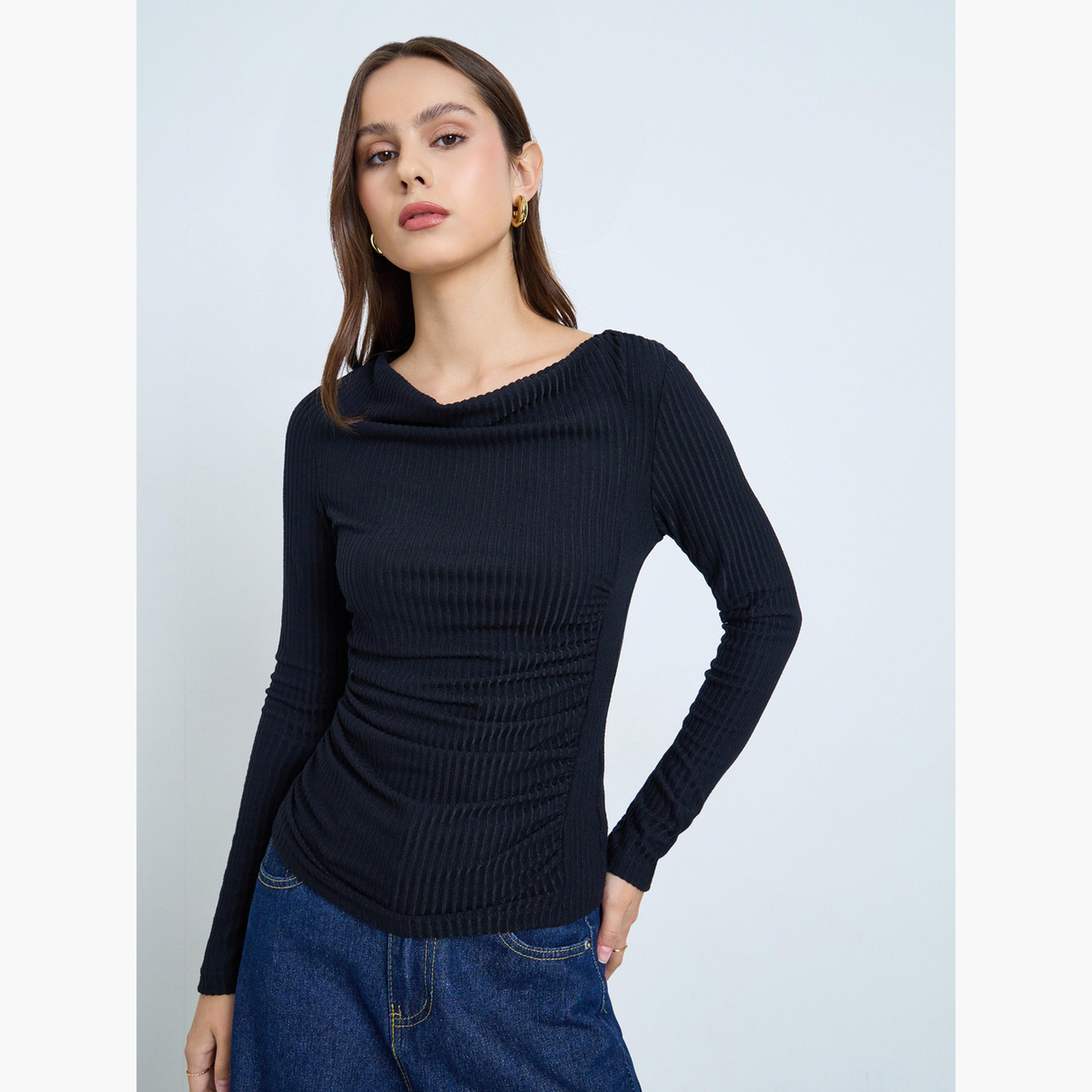 Take Two Black Draped Neck Ribbed Top-women-clothing-shirtsandblouses-blouses-image-1