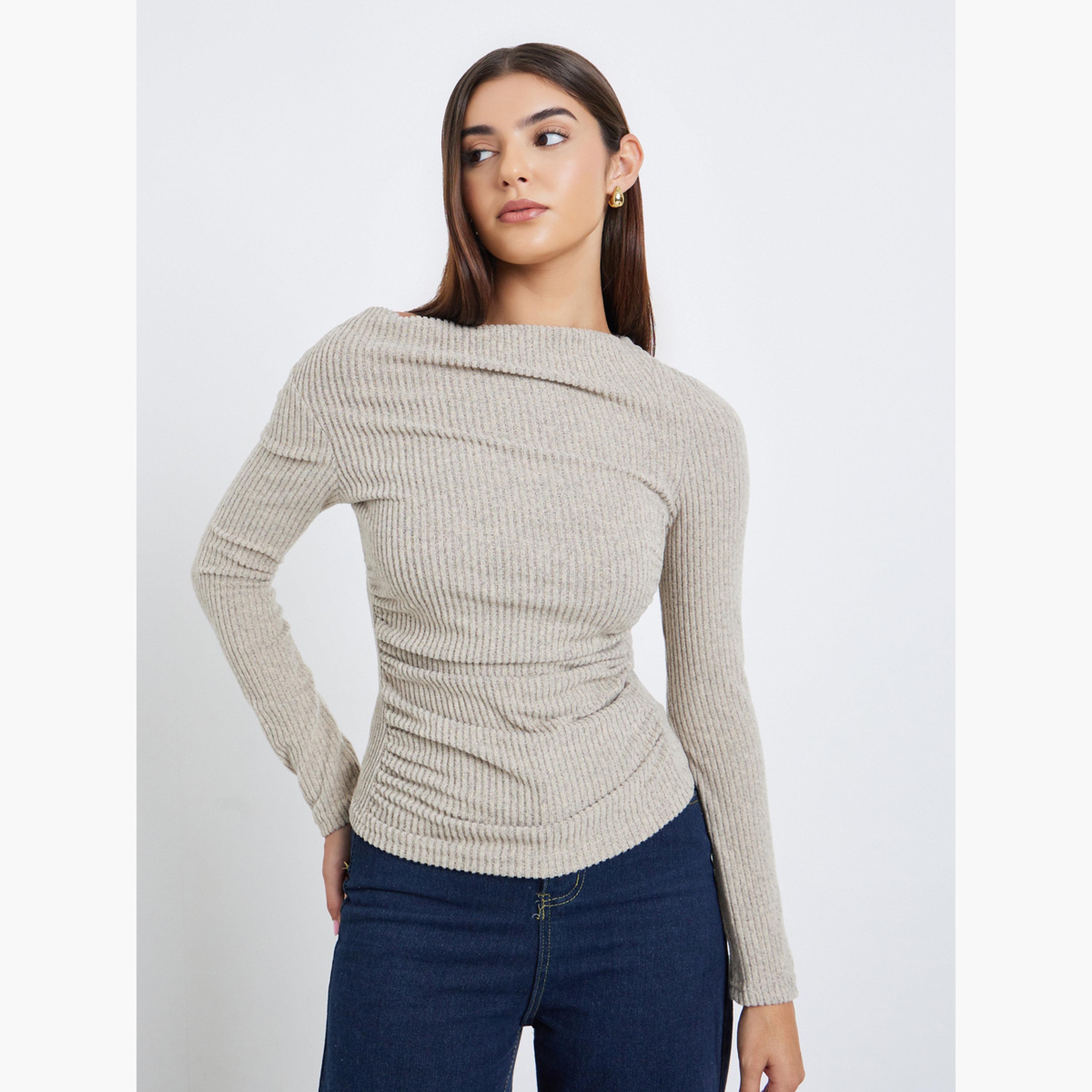 Take Two Women Beige Ribbed Draped Neck Top-women-clothing-tshirts-image-1