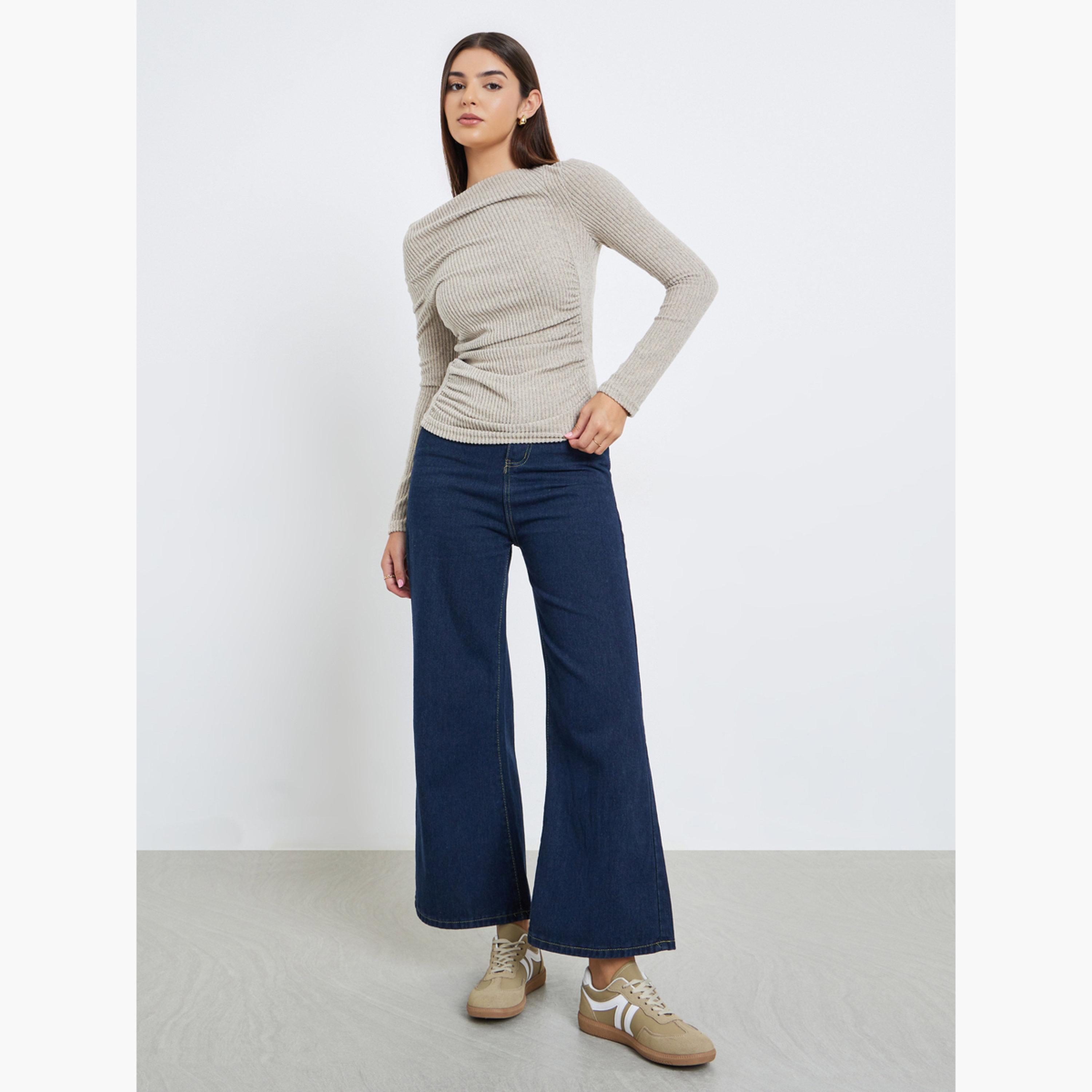 Take Two Women Beige Ribbed Draped Neck Top-women-clothing-tshirts-image-2