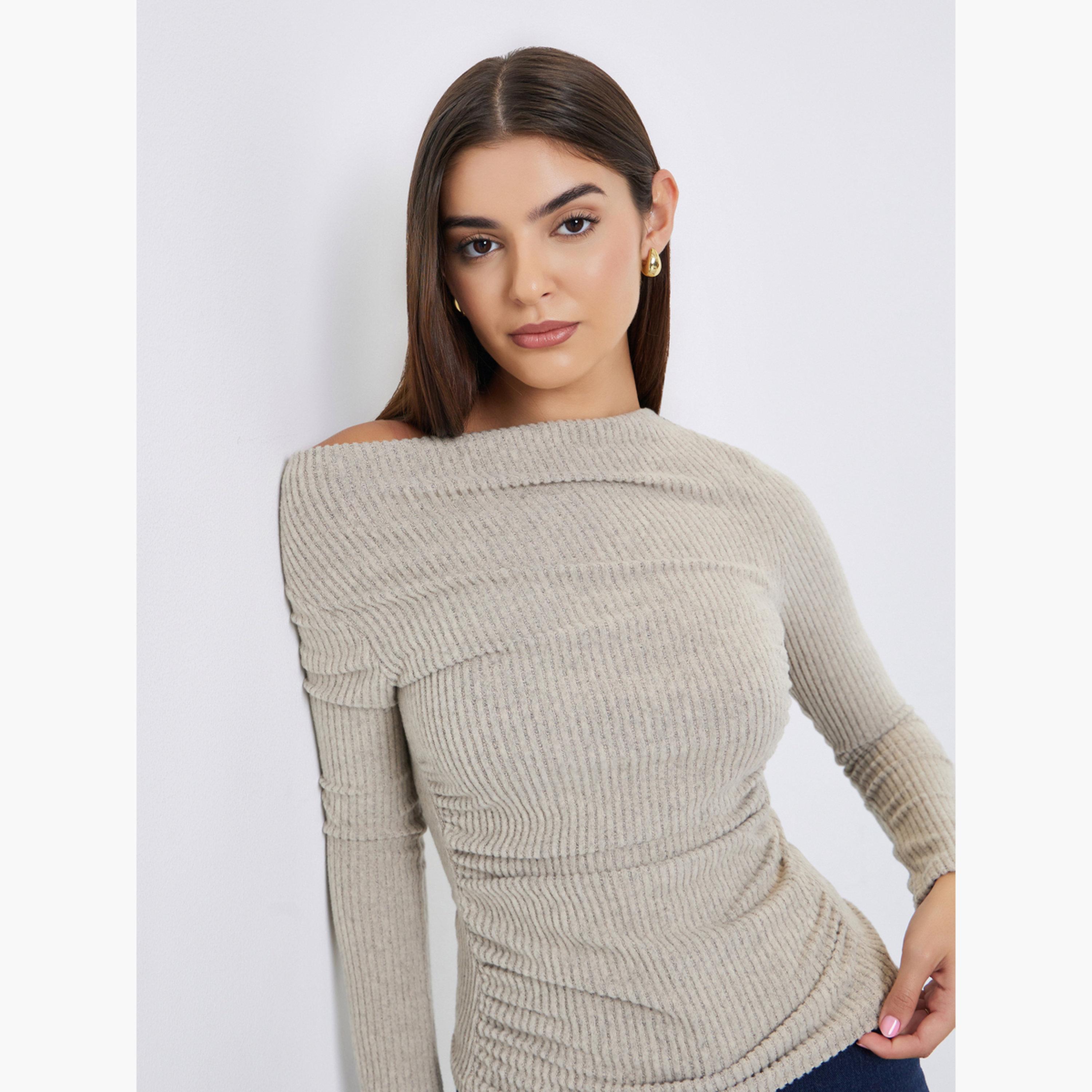 Take Two Women Beige Ribbed Draped Neck Top-women-clothing-tshirts-image-3