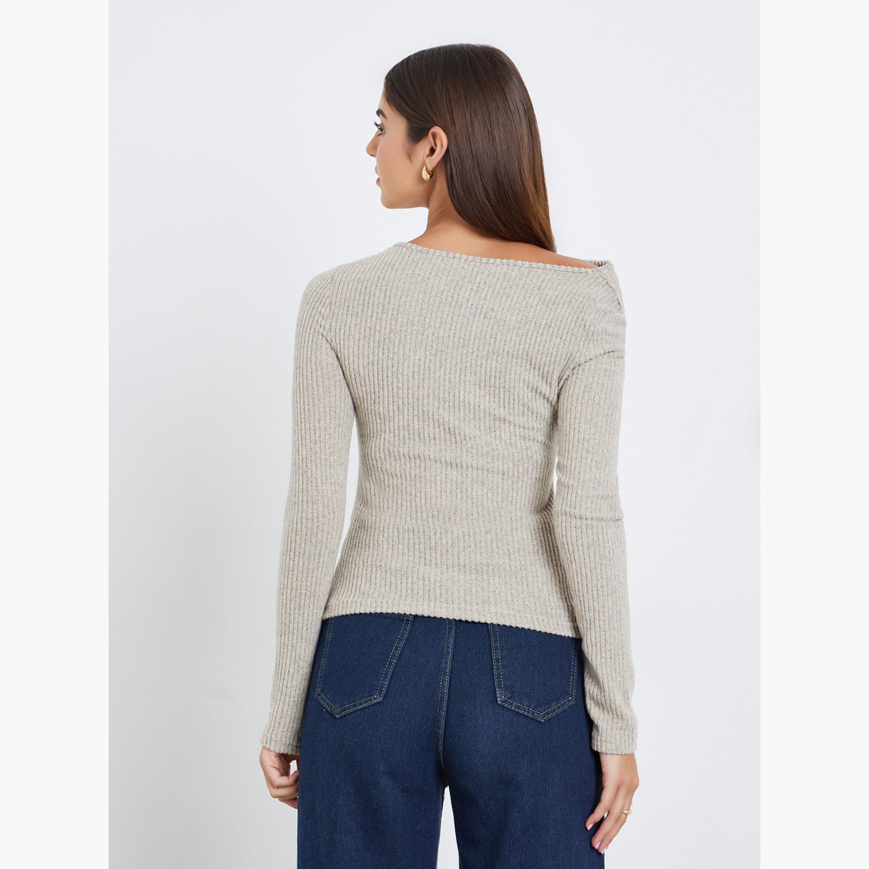 Take Two Women Beige Ribbed Draped Neck Top-women-clothing-tshirts-image-5