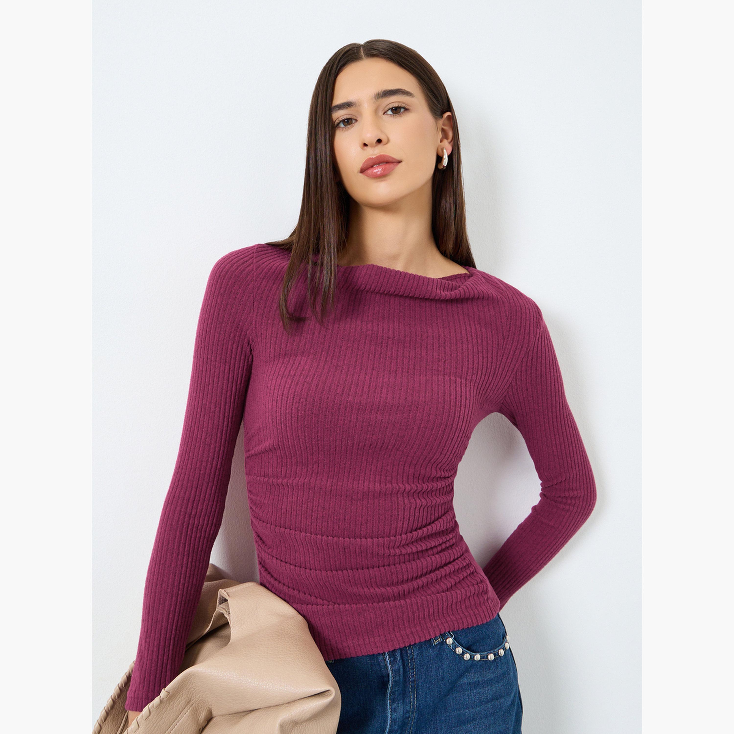 تيك تو - بلوزة برغندي مضلعة برقبة منسدلة للنساء-women-clothing-tshirts-image-1