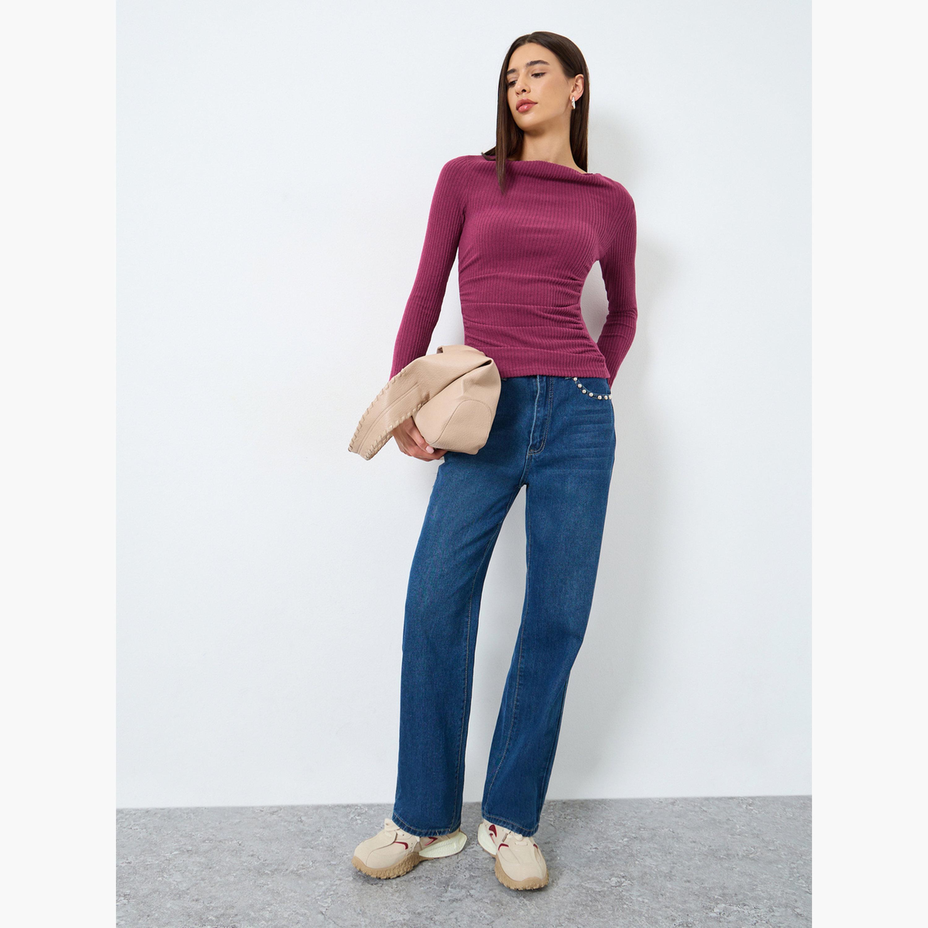 تيك تو - بلوزة برغندي مضلعة برقبة منسدلة للنساء-women-clothing-tshirts-image-2
