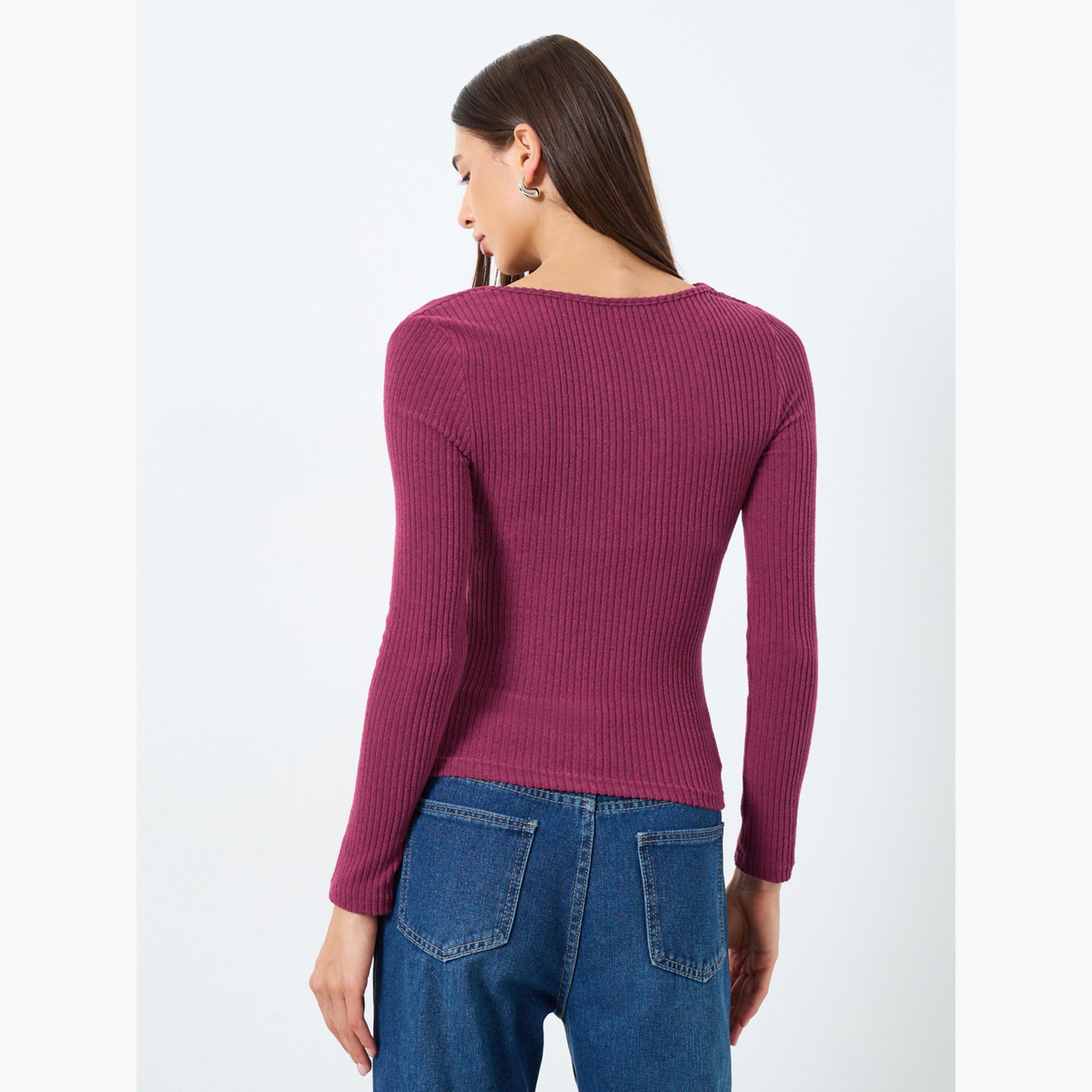 تيك تو - بلوزة برغندي مضلعة برقبة منسدلة للنساء-women-clothing-tshirts-image-4