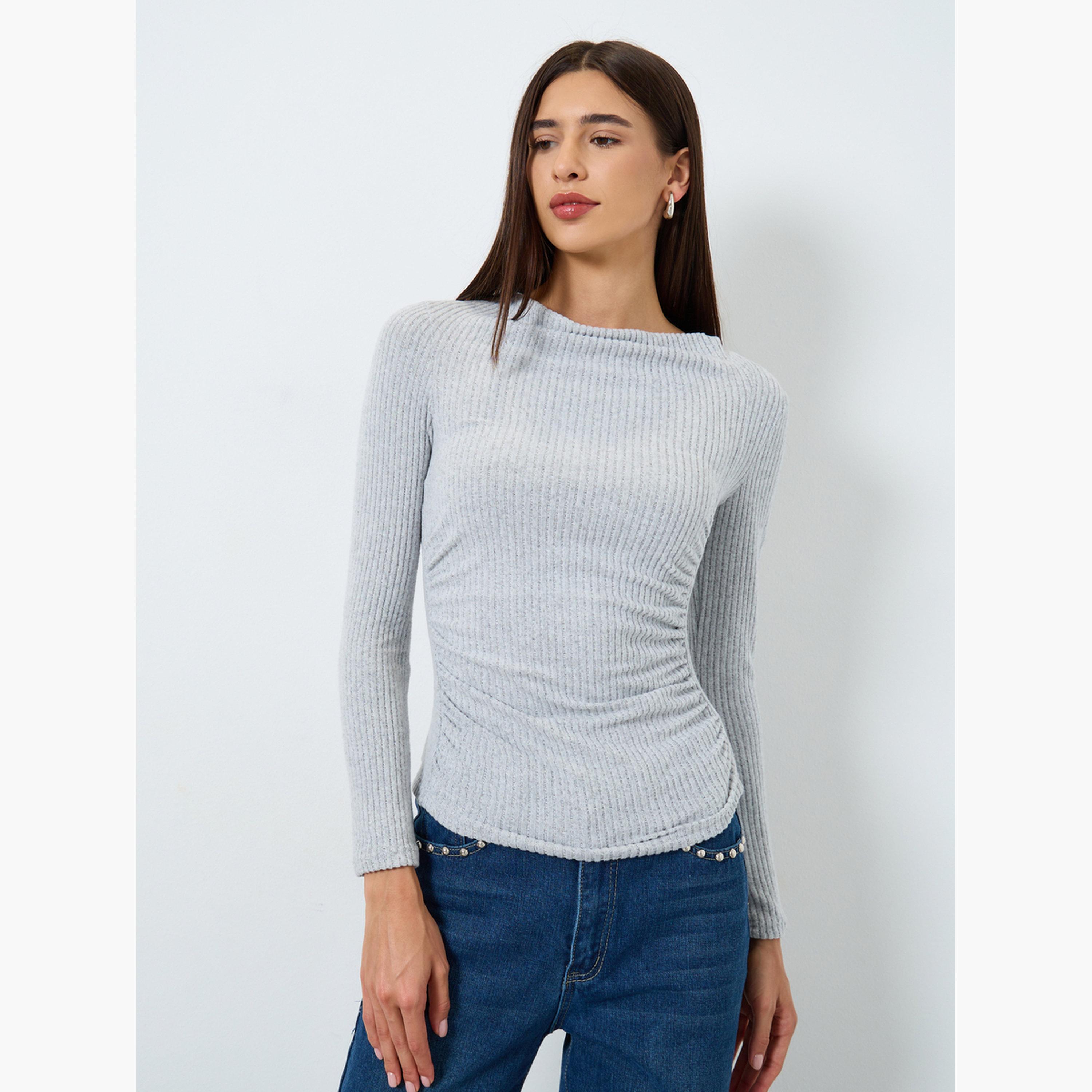 تيك تو - بلوزة رمادية مضلعة برقبة منسدلة للنساء-women-clothing-tshirts-image-1