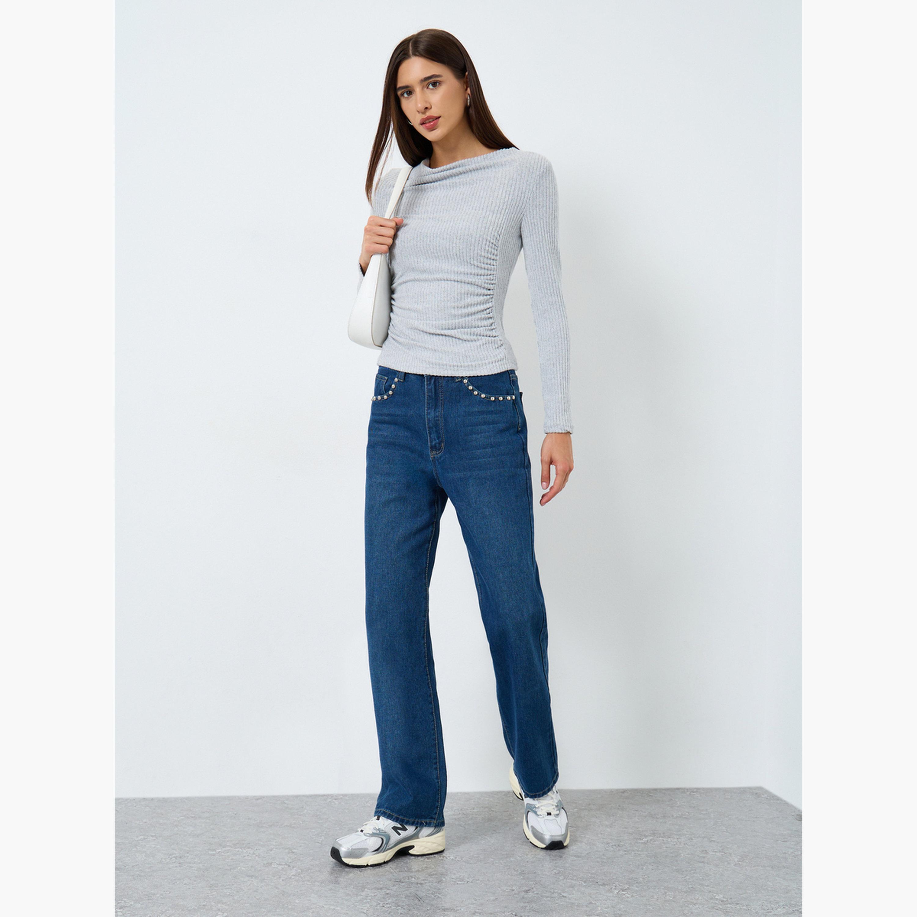 تيك تو - بلوزة رمادية مضلعة برقبة منسدلة للنساء-women-clothing-tshirts-image-2