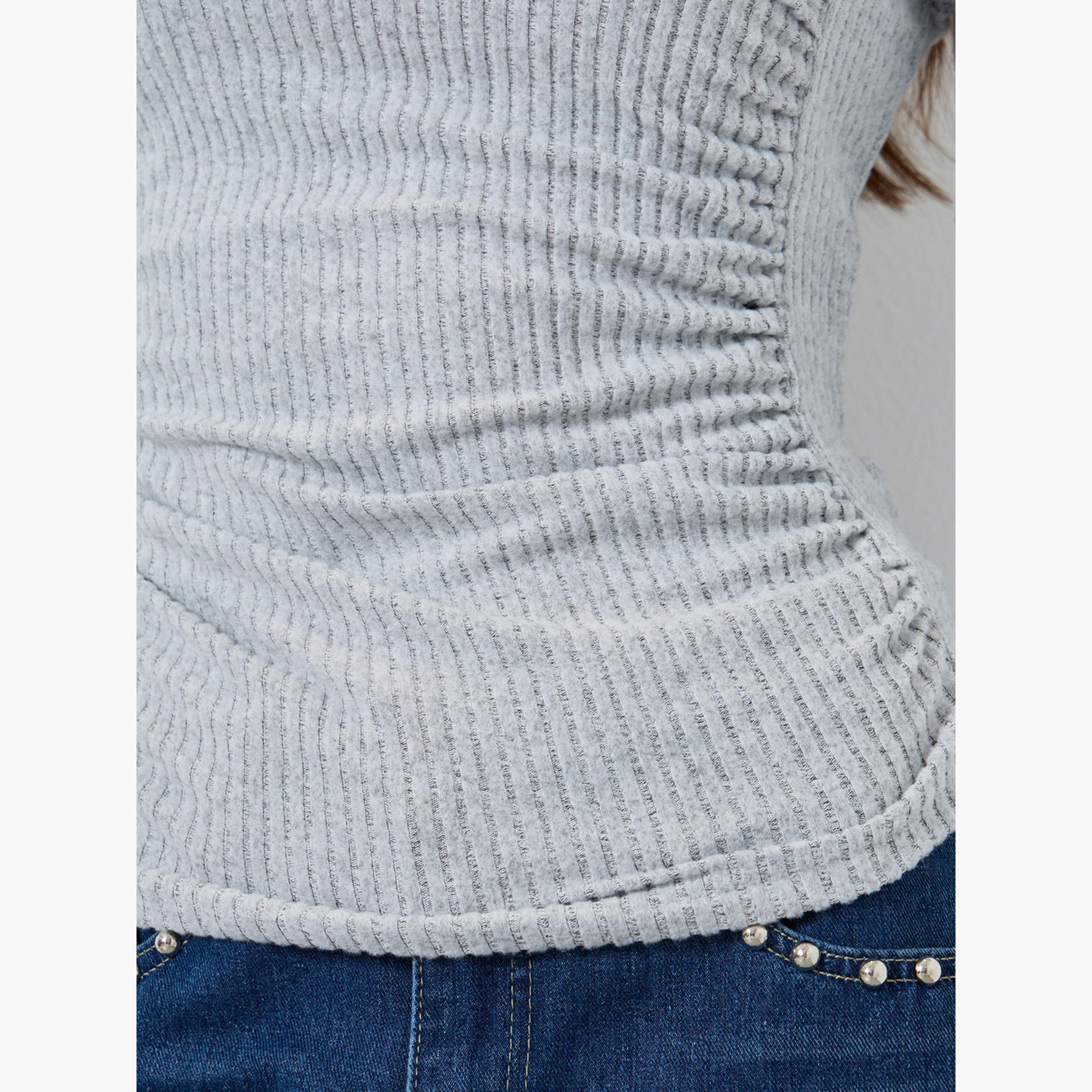 تيك تو - بلوزة رمادية مضلعة برقبة منسدلة للنساء-women-clothing-tshirts-image-4