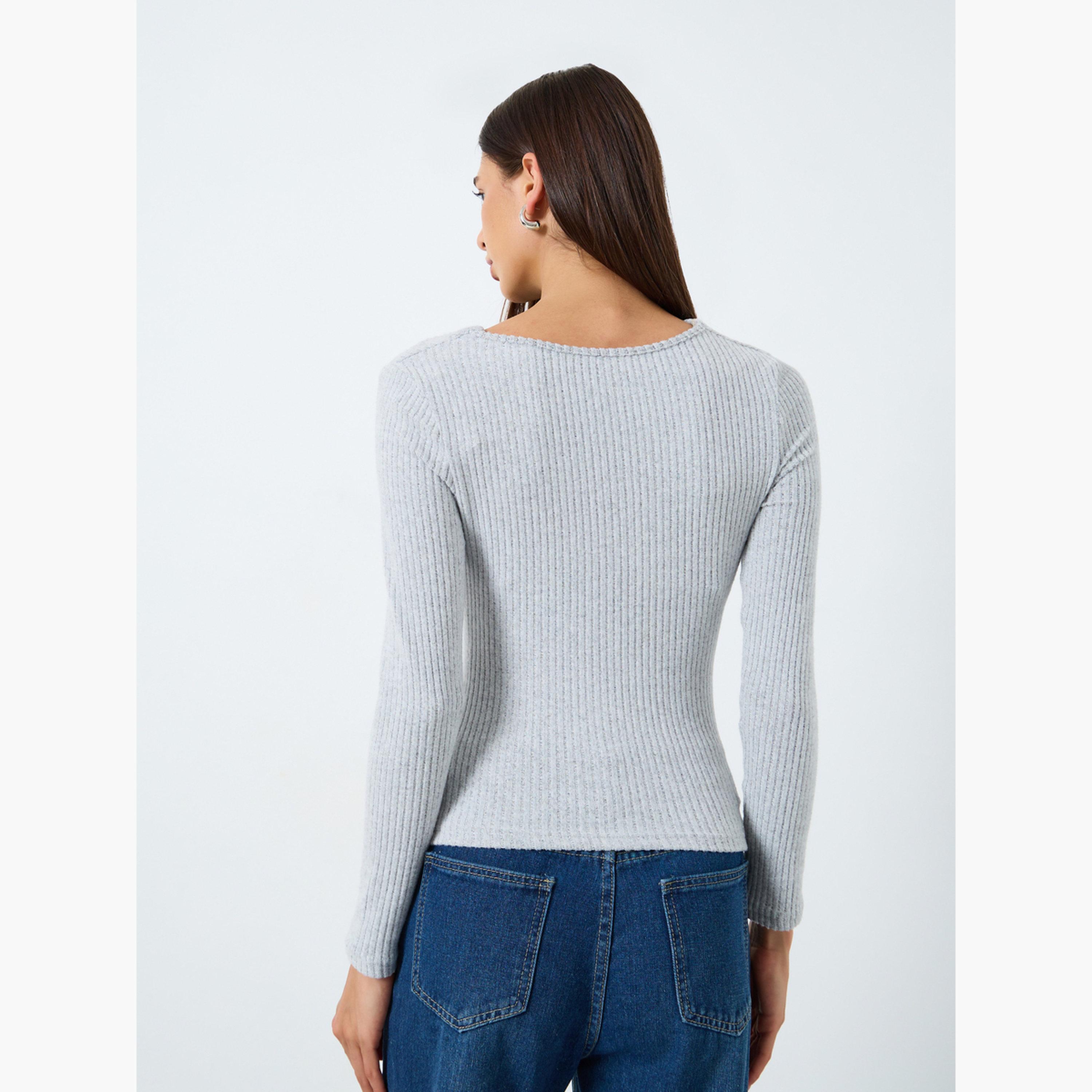 تيك تو - بلوزة رمادية مضلعة برقبة منسدلة للنساء-women-clothing-tshirts-image-5
