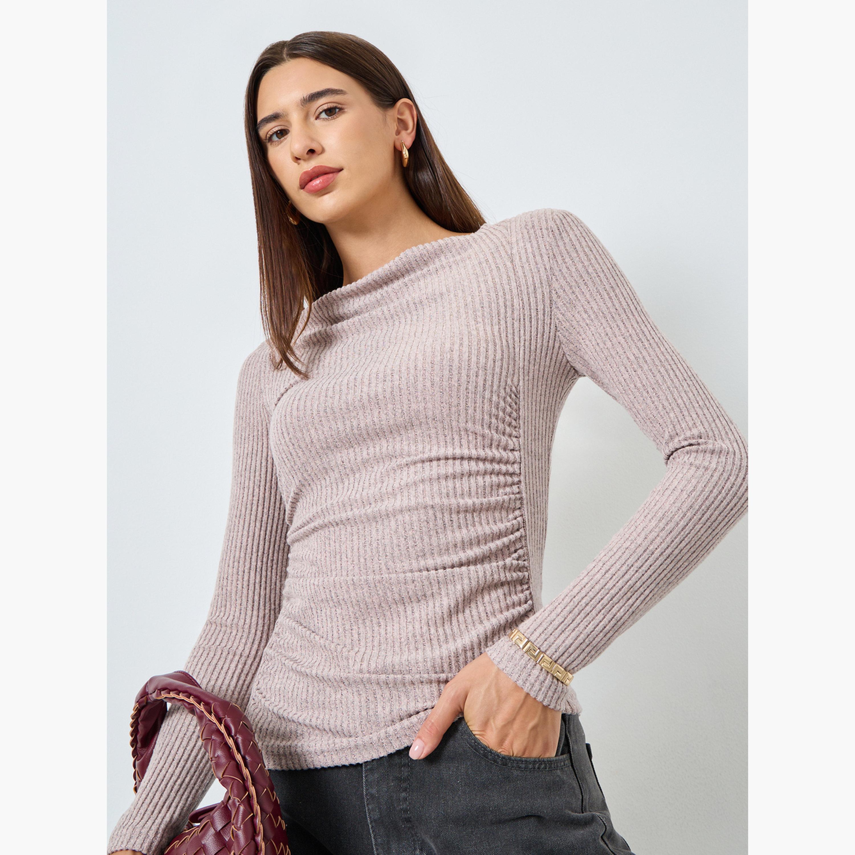 Take Two Women Pink Draped Neck Ribbed Top-women-clothing-tshirts-image-1