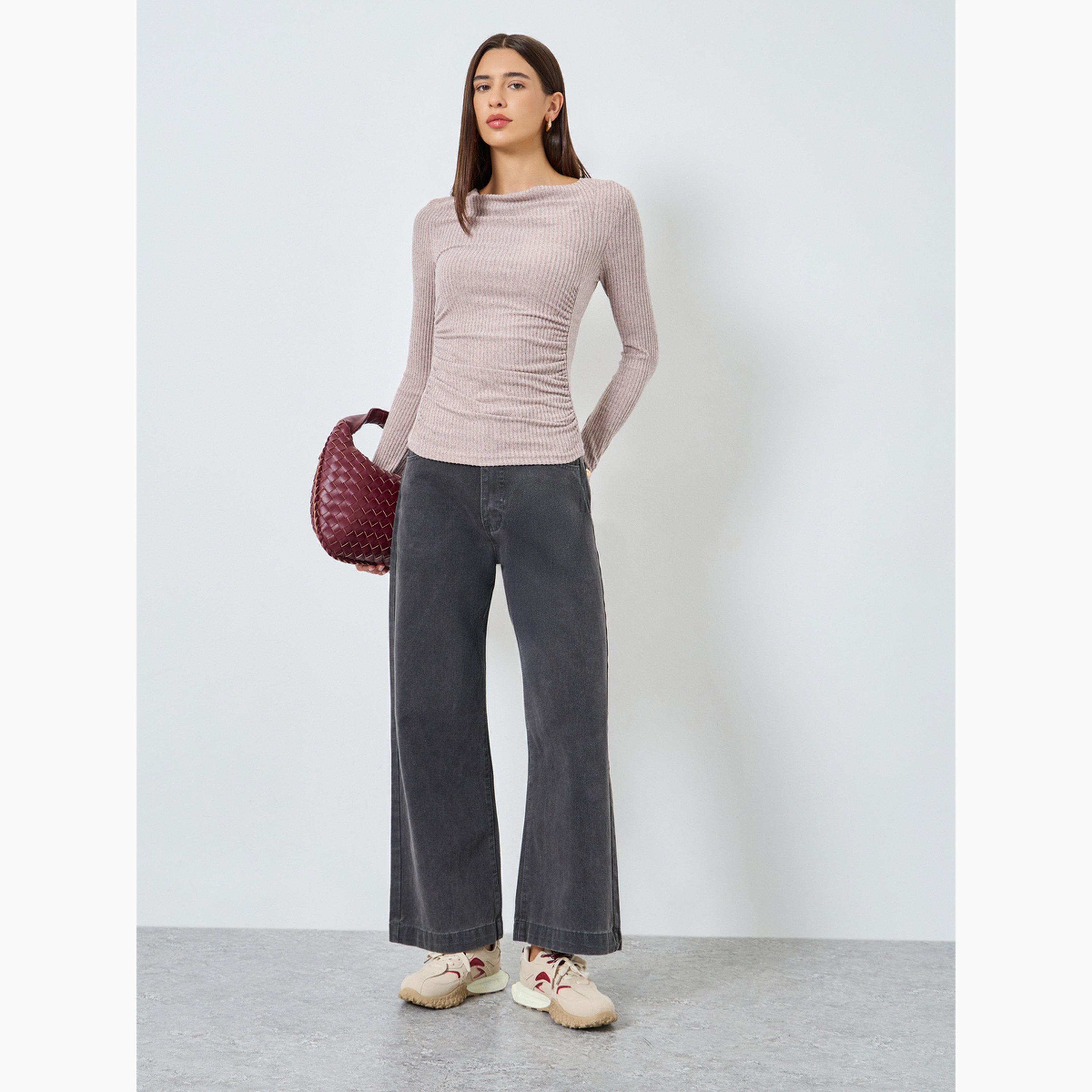 تيك تو - بلوزة وردية مضلعة برقبة منسدلة للنساء-women-clothing-tshirts-image-2