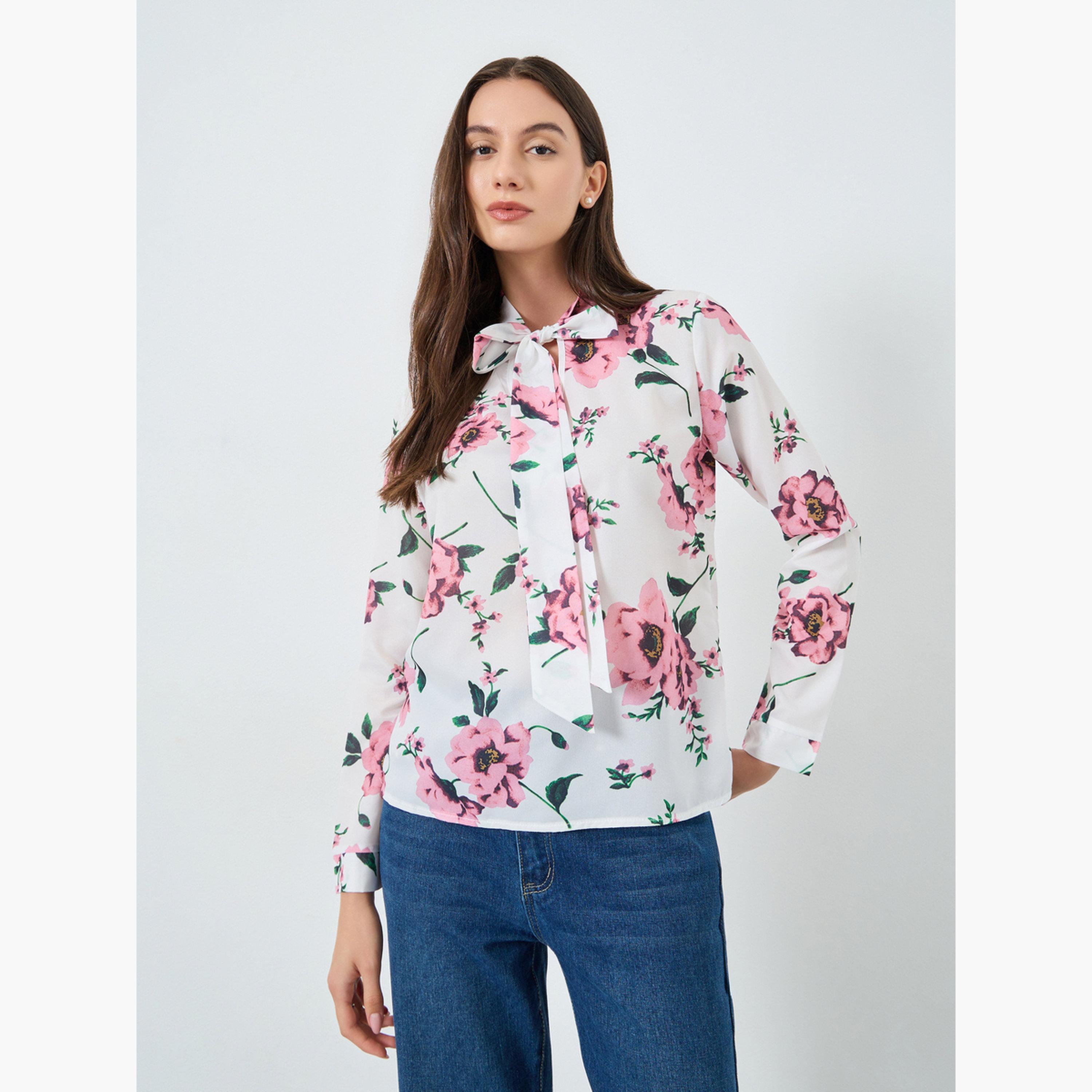 تيك تو - بلوزة برقبة مزينة بفيونكة ومطبوعة بالزهور للنساء-women-clothing-tshirts-image-1