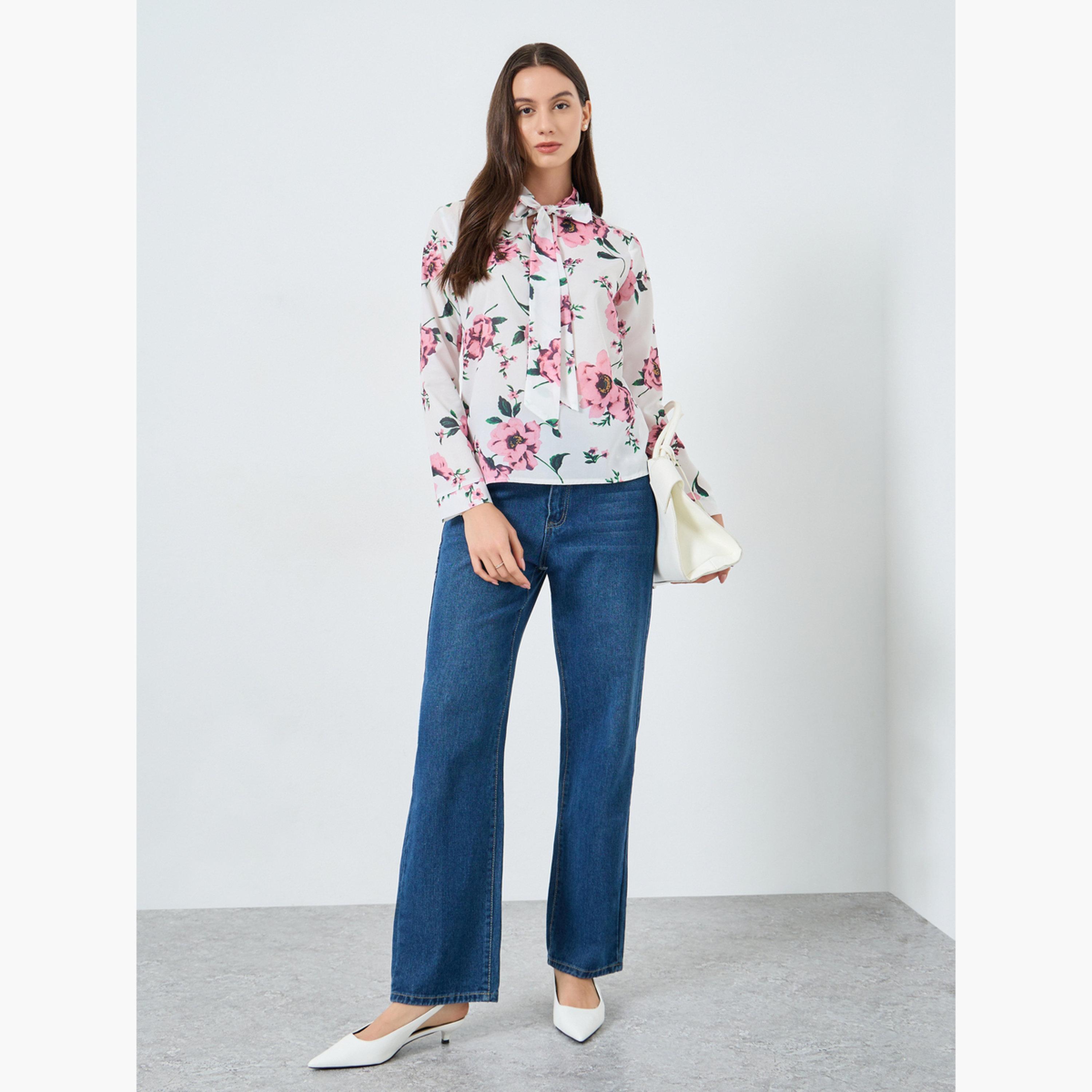 تيك تو - بلوزة برقبة مزينة بفيونكة ومطبوعة بالزهور للنساء-women-clothing-tshirts-image-2