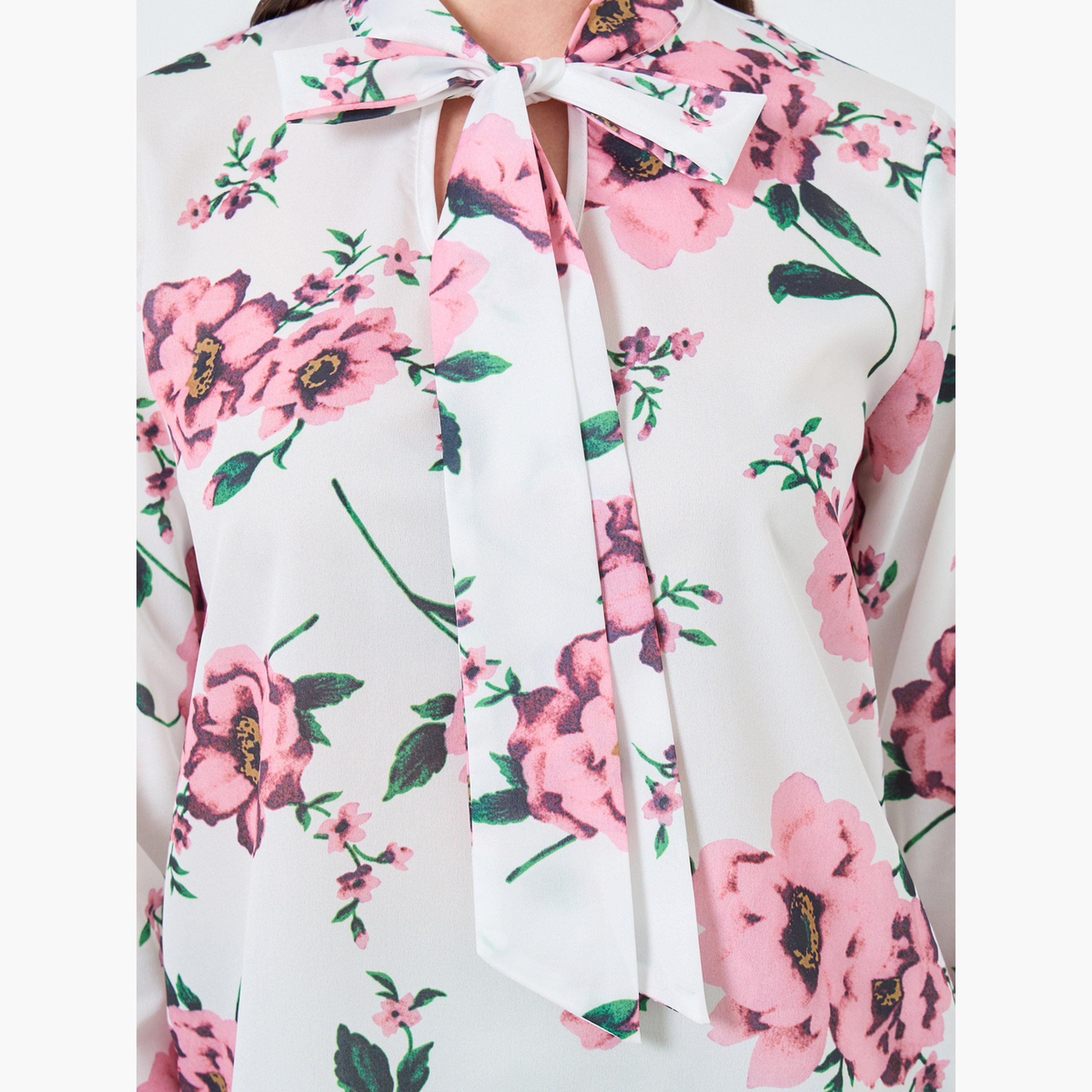 تيك تو - بلوزة برقبة مزينة بفيونكة ومطبوعة بالزهور للنساء-women-clothing-tshirts-image-3