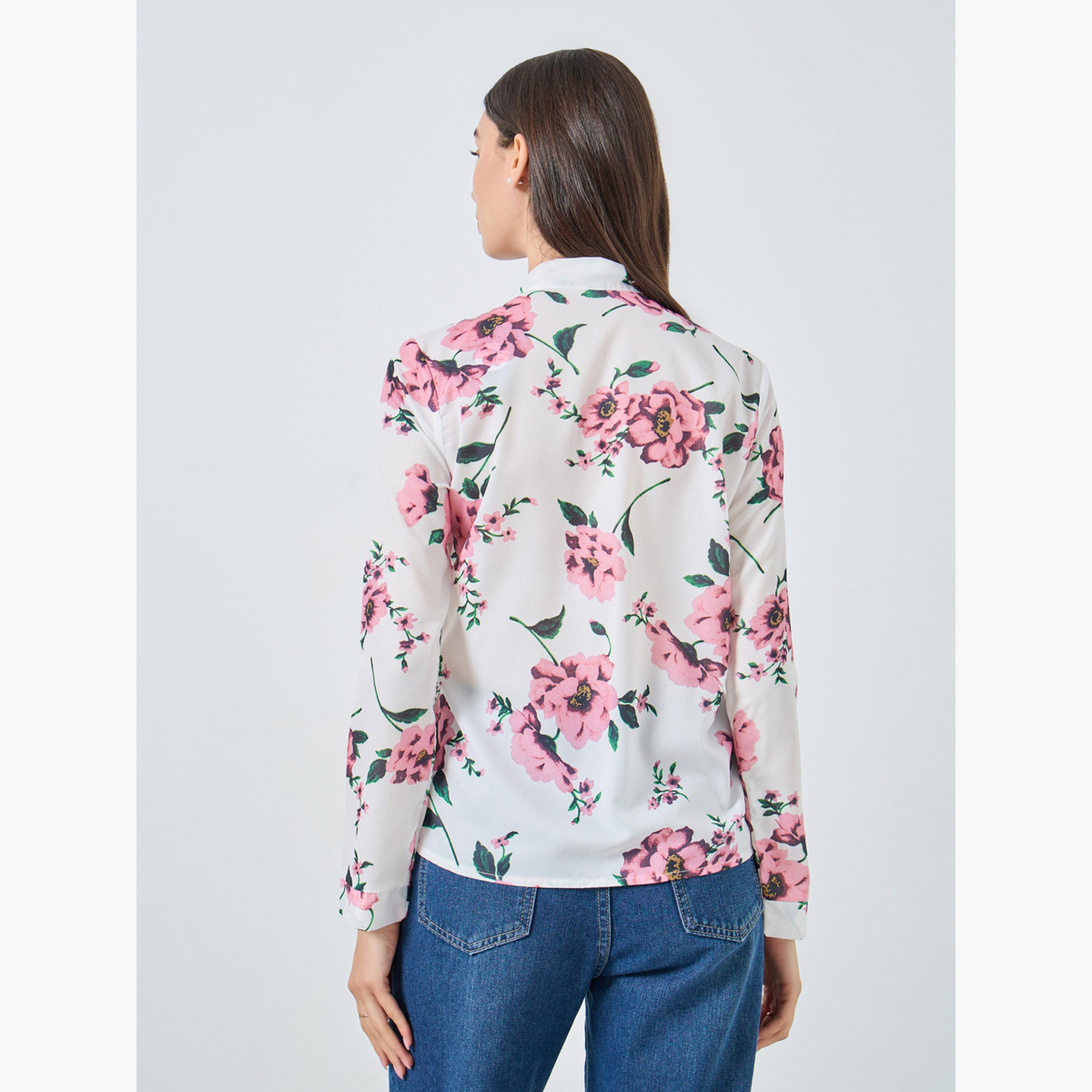 تيك تو - بلوزة برقبة مزينة بفيونكة ومطبوعة بالزهور للنساء-women-clothing-tshirts-image-4