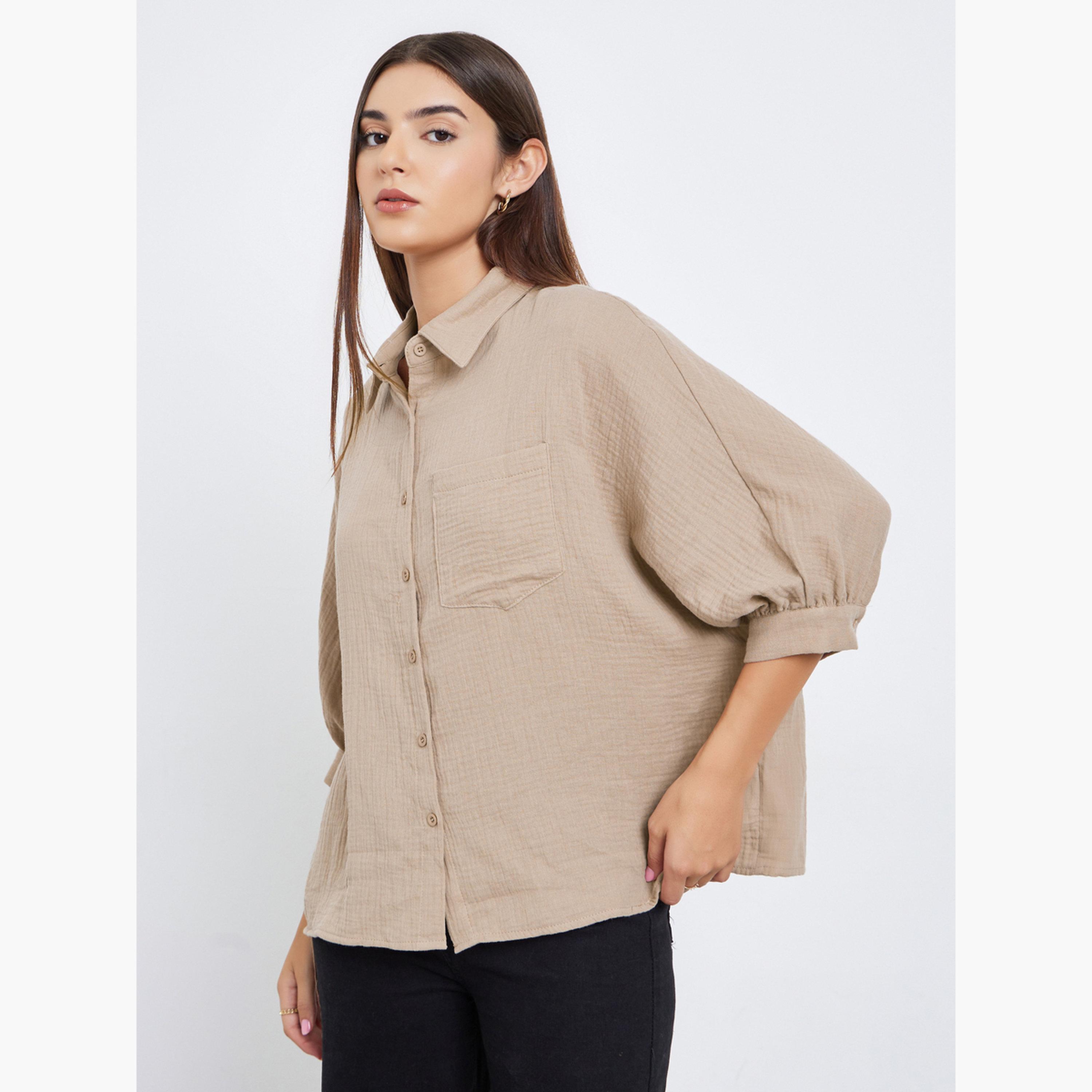 تيك تو - قميص بيج مجعد بأكمام 3/4 مع تفاصيل جيب للنساء-women-clothing-shirtsandblouses-shirts-image-1