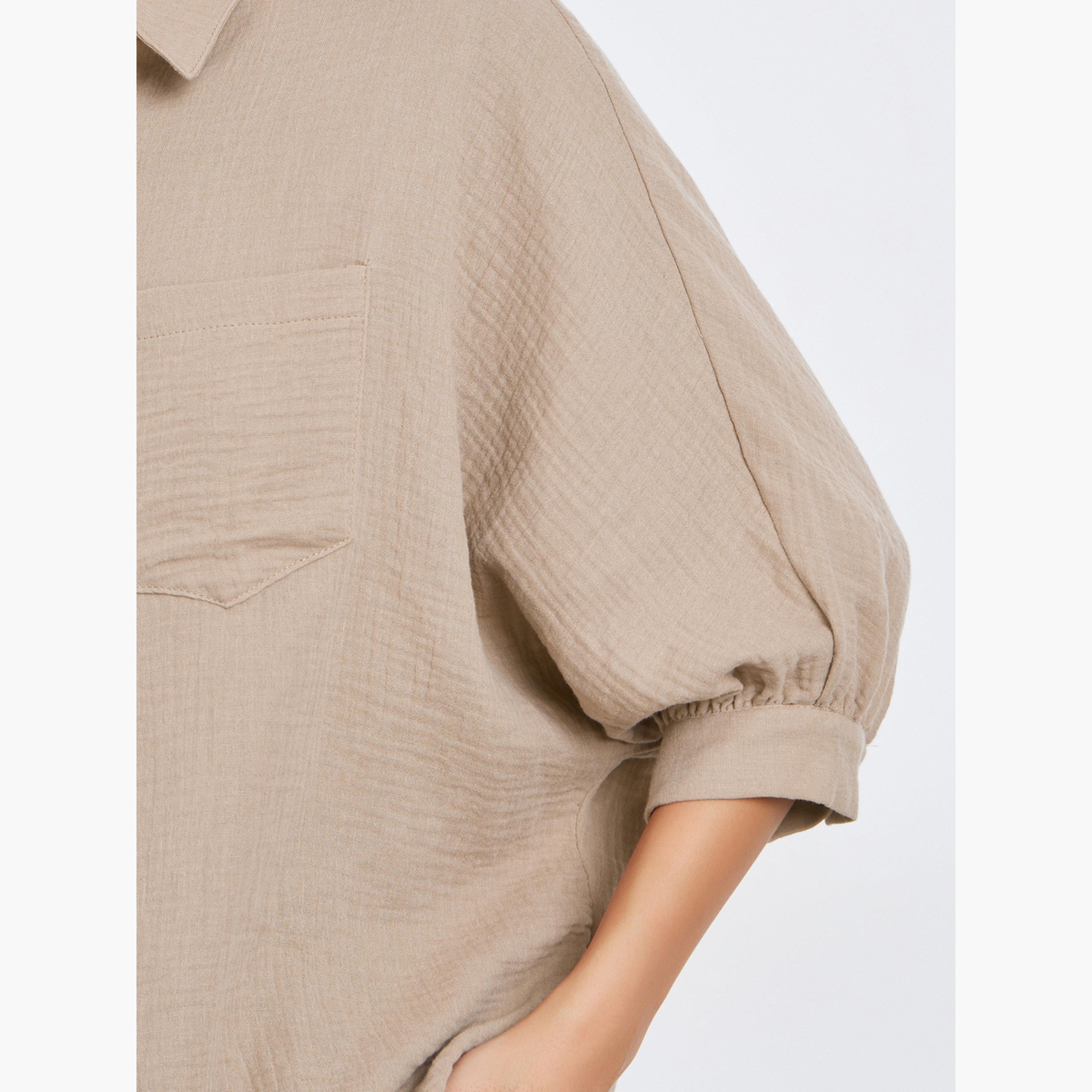 تيك تو - قميص بيج مجعد بأكمام 3/4 مع تفاصيل جيب للنساء-women-clothing-shirtsandblouses-shirts-image-4