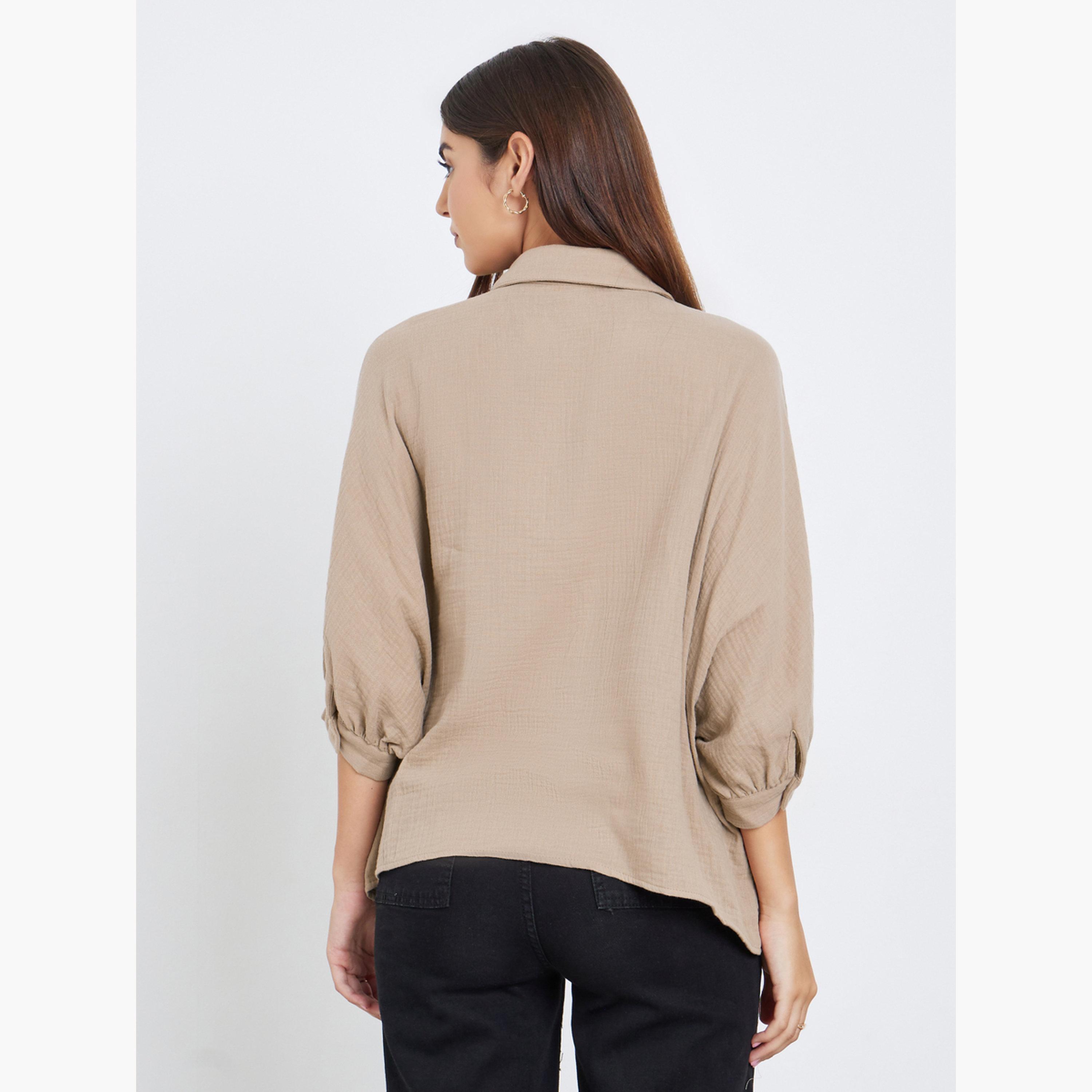 تيك تو - قميص بيج مجعد بأكمام 3/4 مع تفاصيل جيب للنساء-women-clothing-shirtsandblouses-shirts-image-5