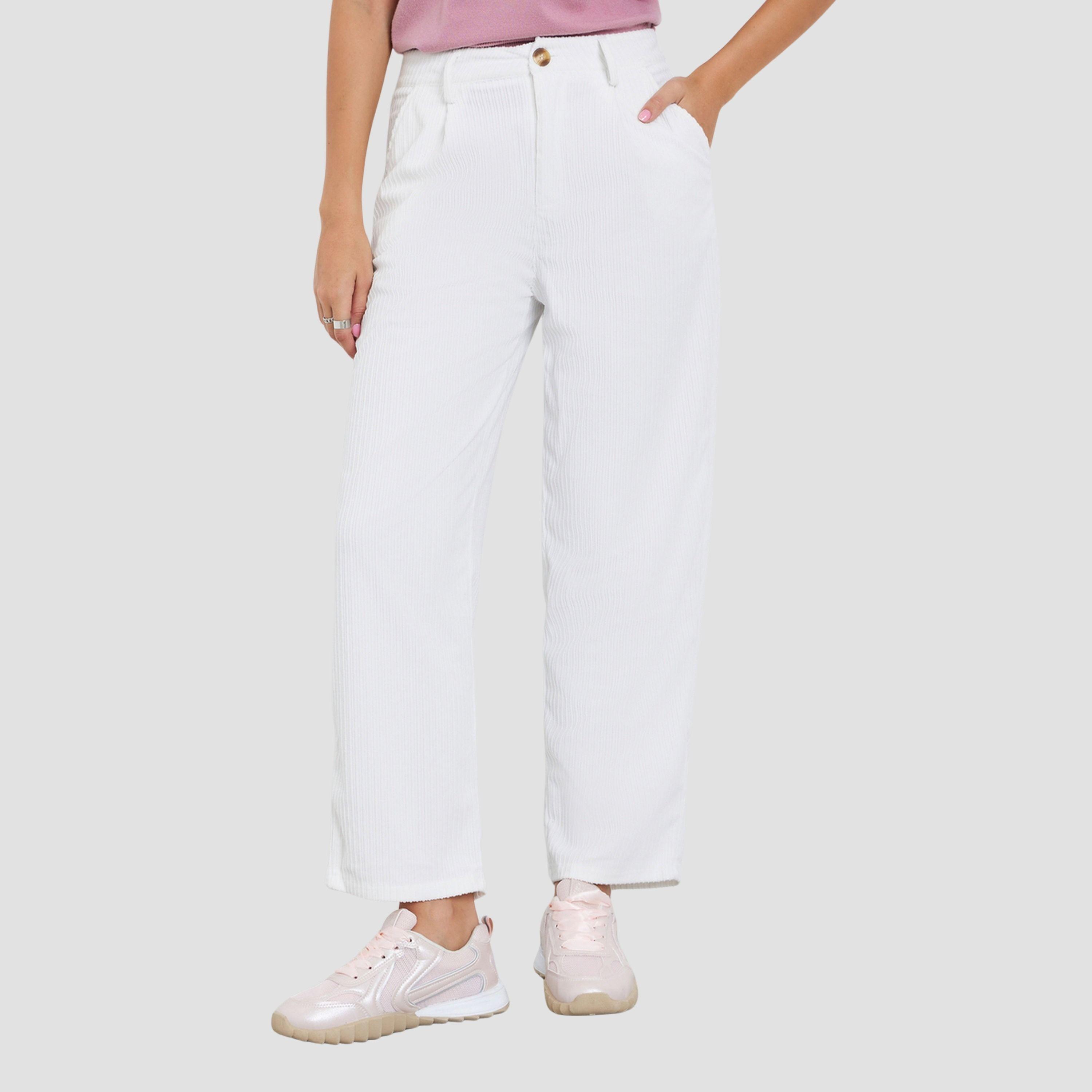 Take Two Women White Textured Straight Leg Pants with Belt Loops-women-clothing-bottoms-trousers-image-1
