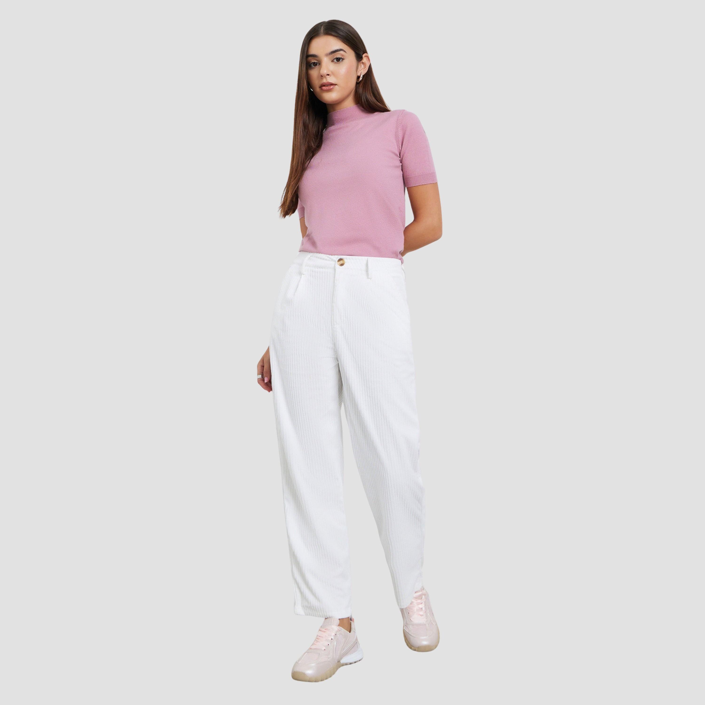 Take Two Women White Textured Straight Leg Pants with Belt Loops-women-clothing-bottoms-trousers-image-2
