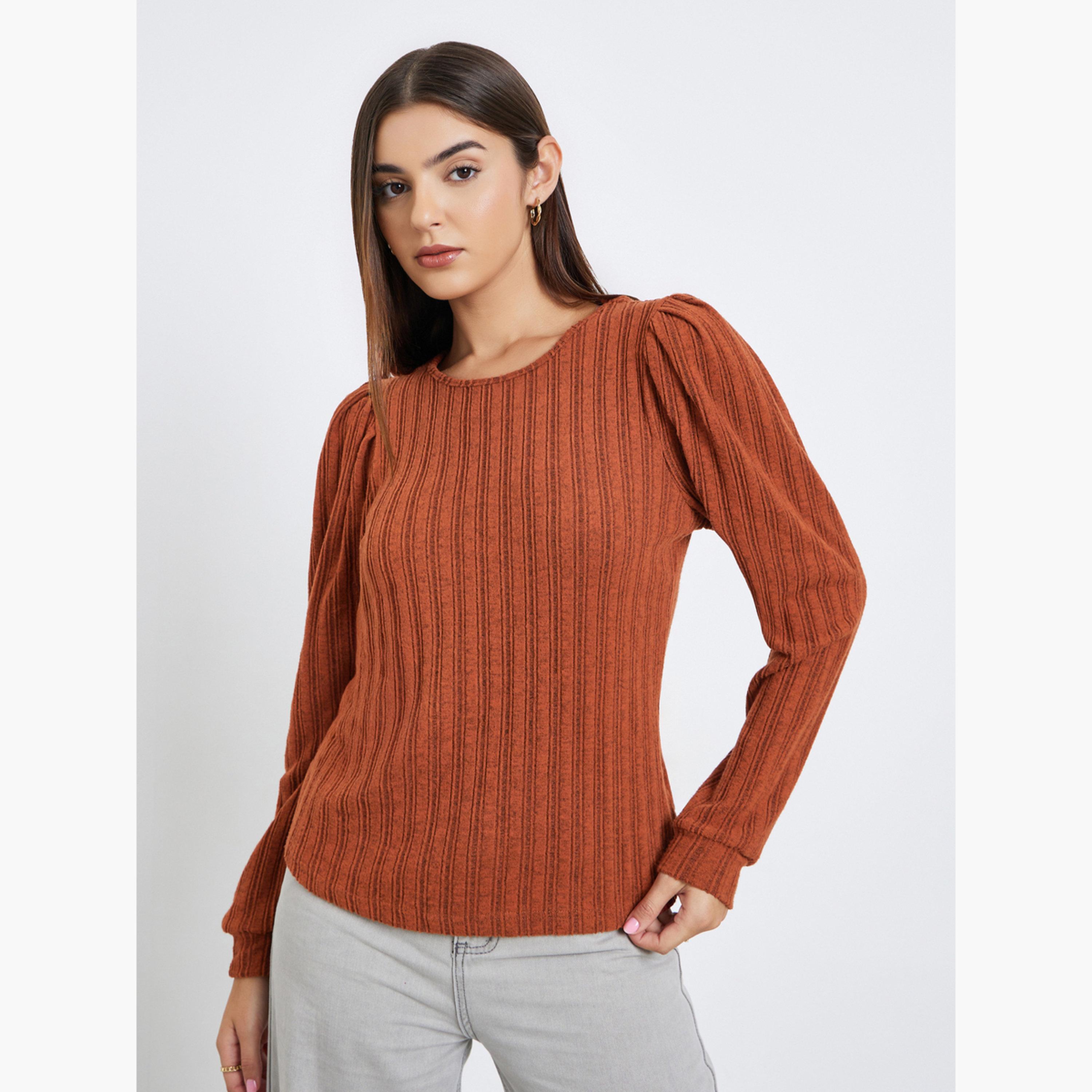 Take Two Women Rust Ribbed Top with Puff Sleeves-women-clothing-tshirts-image-1