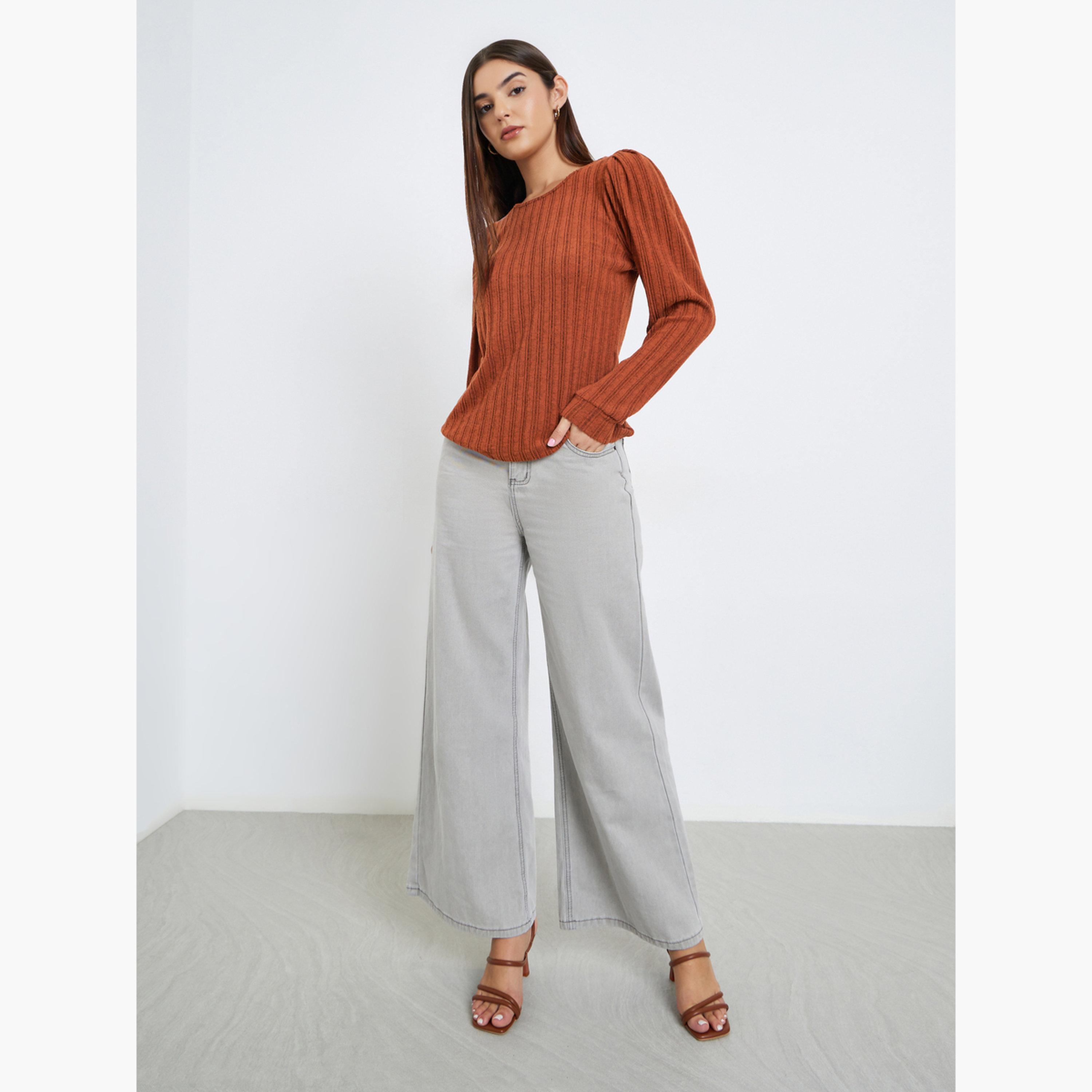 تيك تو - بلوزة مضلعة لون الصدأ بأكمام منتفخة للنساء-women-clothing-tshirts-image-2