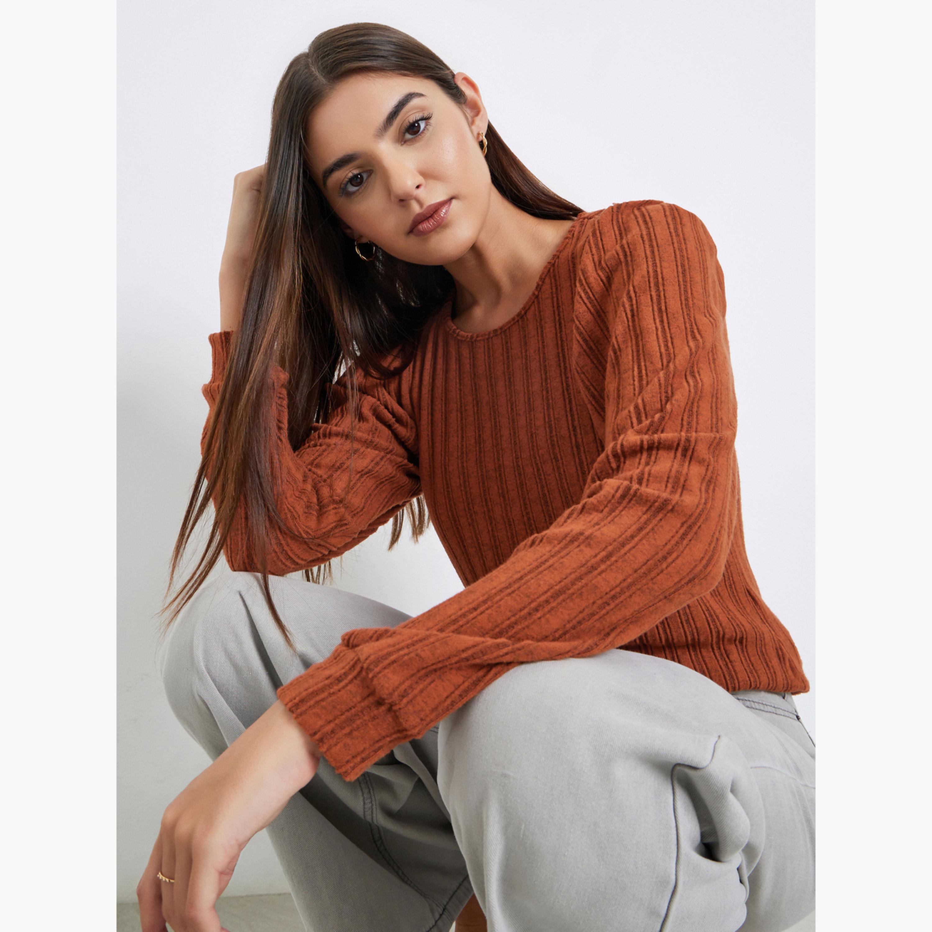 Take Two Women Rust Ribbed Top with Puff Sleeves-women-clothing-tshirts-image-3
