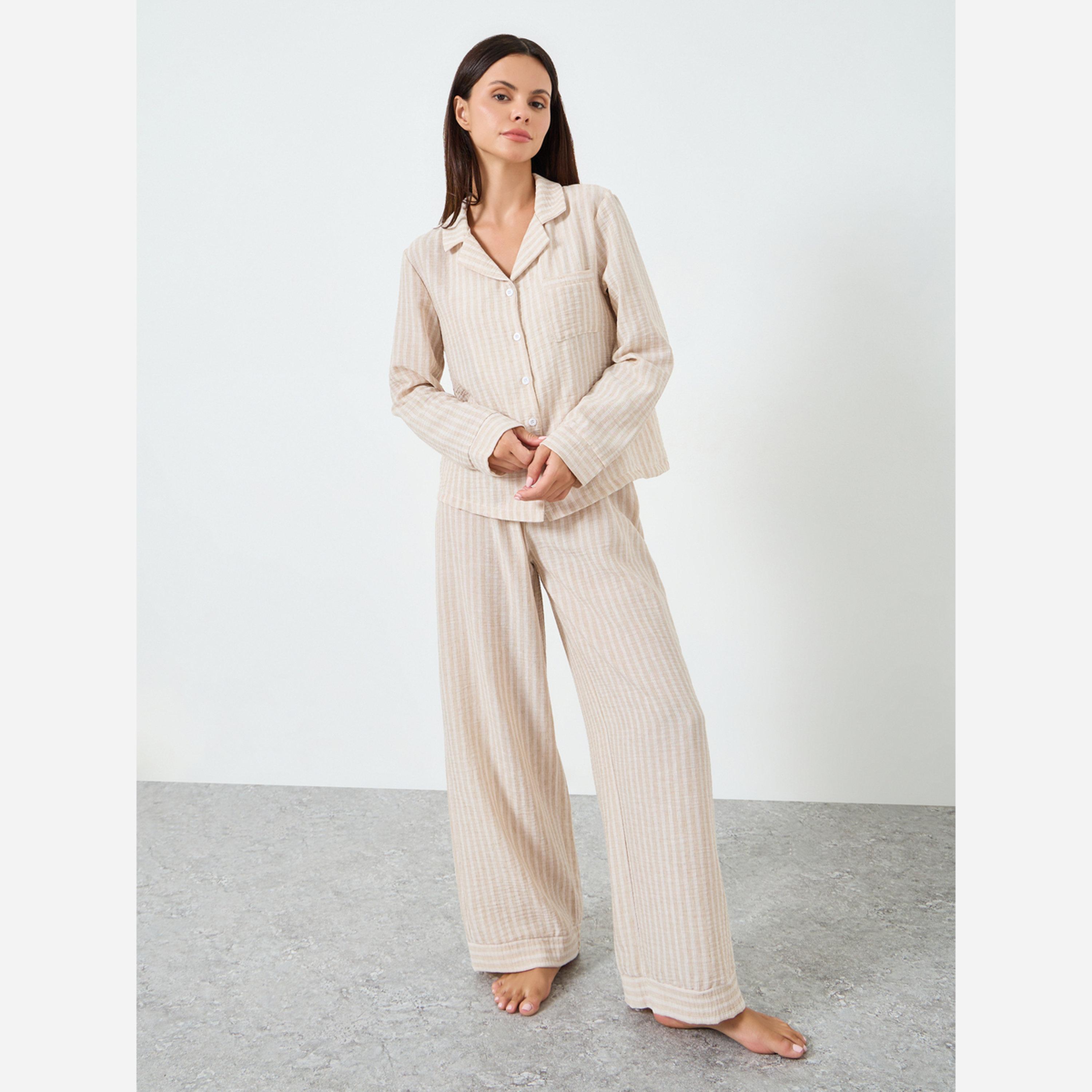 ستايلي - بيجاما كتان مخططة-women-clothing-nightwear-pyjamas-longsets-image-1