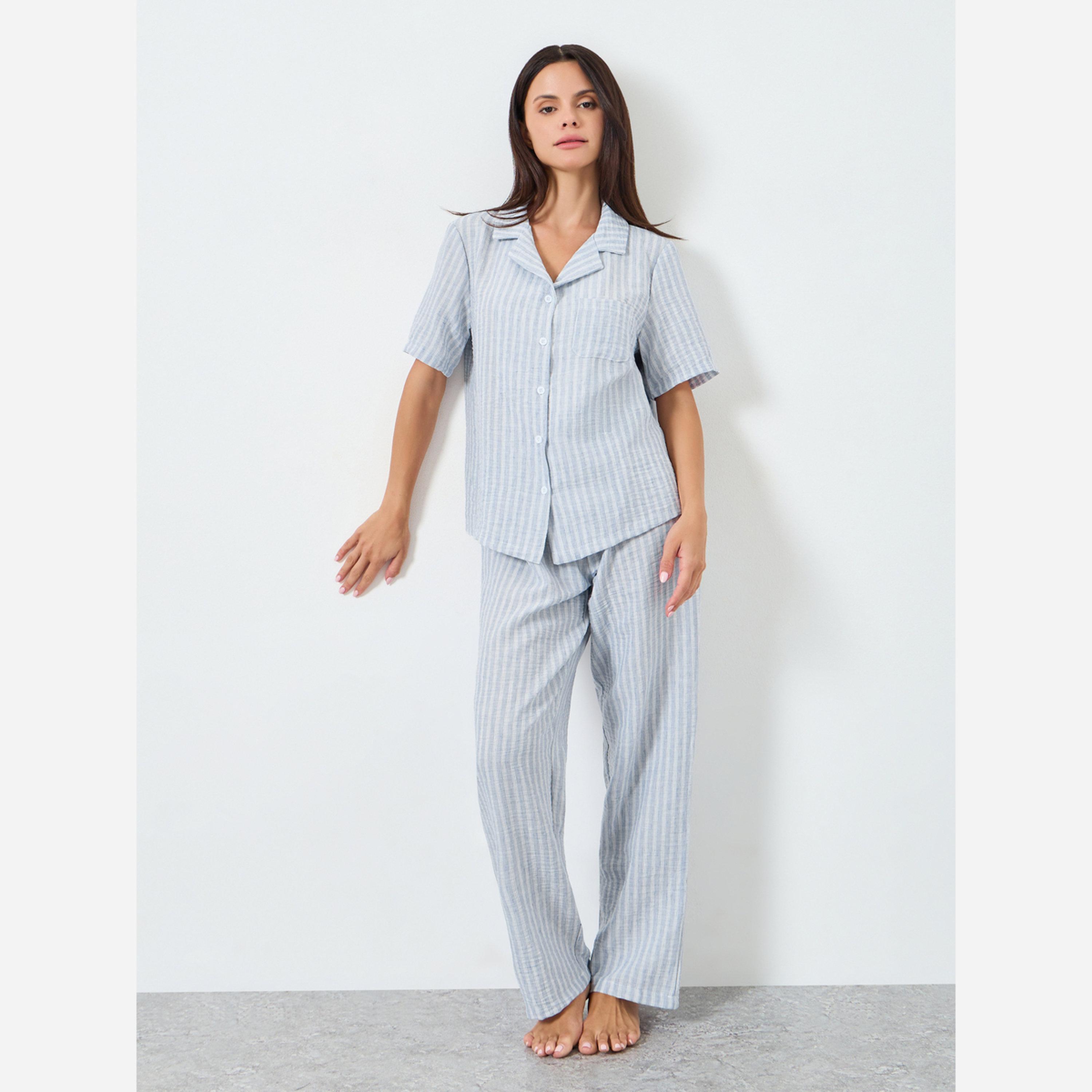 ستايلي - بيجاما كتان مخططة-women-clothing-nightwear-pyjamas-longsets-image-1