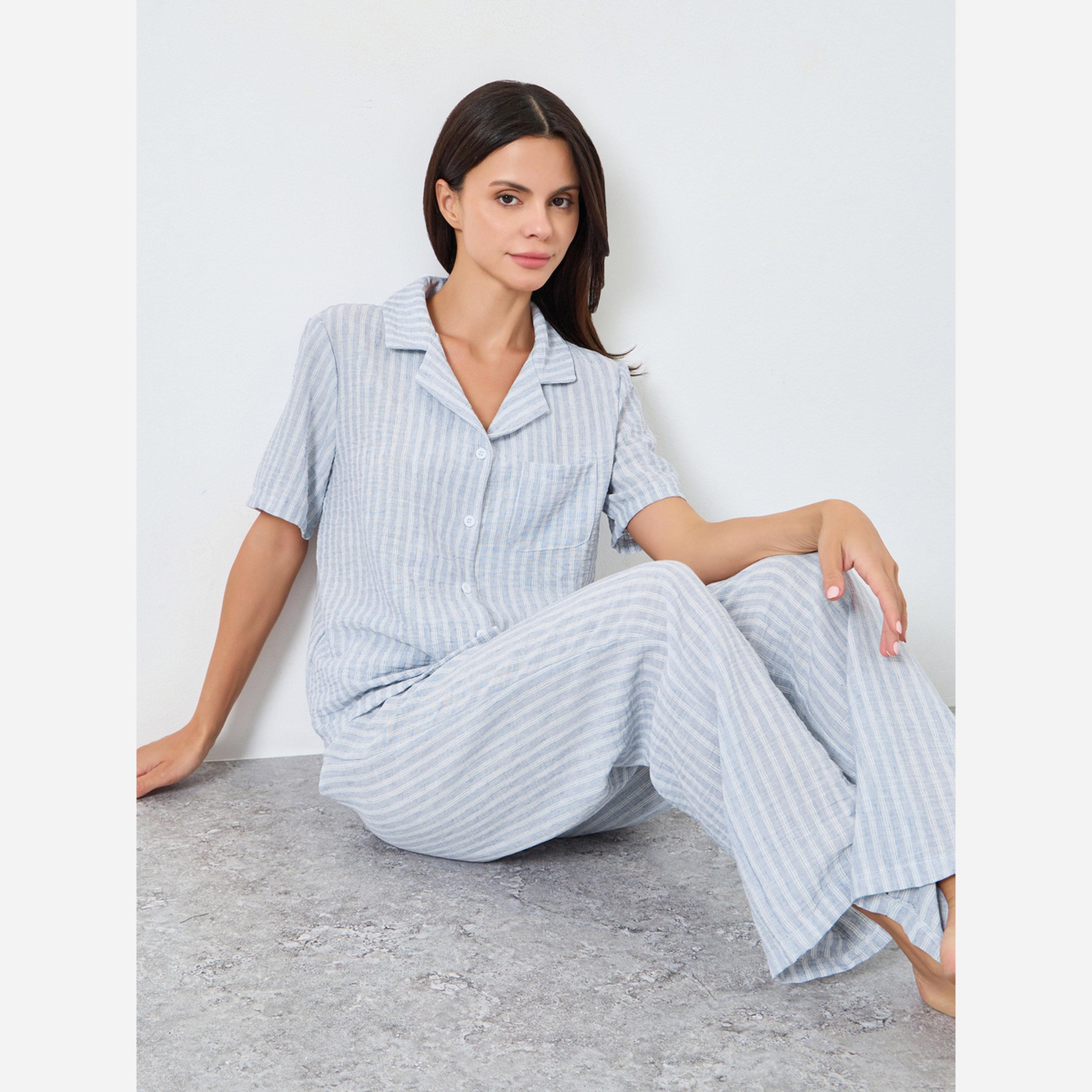Styli Woven Linen Look Striped Shirt and Pyjama Set-women-clothing-nightwear-pyjamas-longsets-image-2