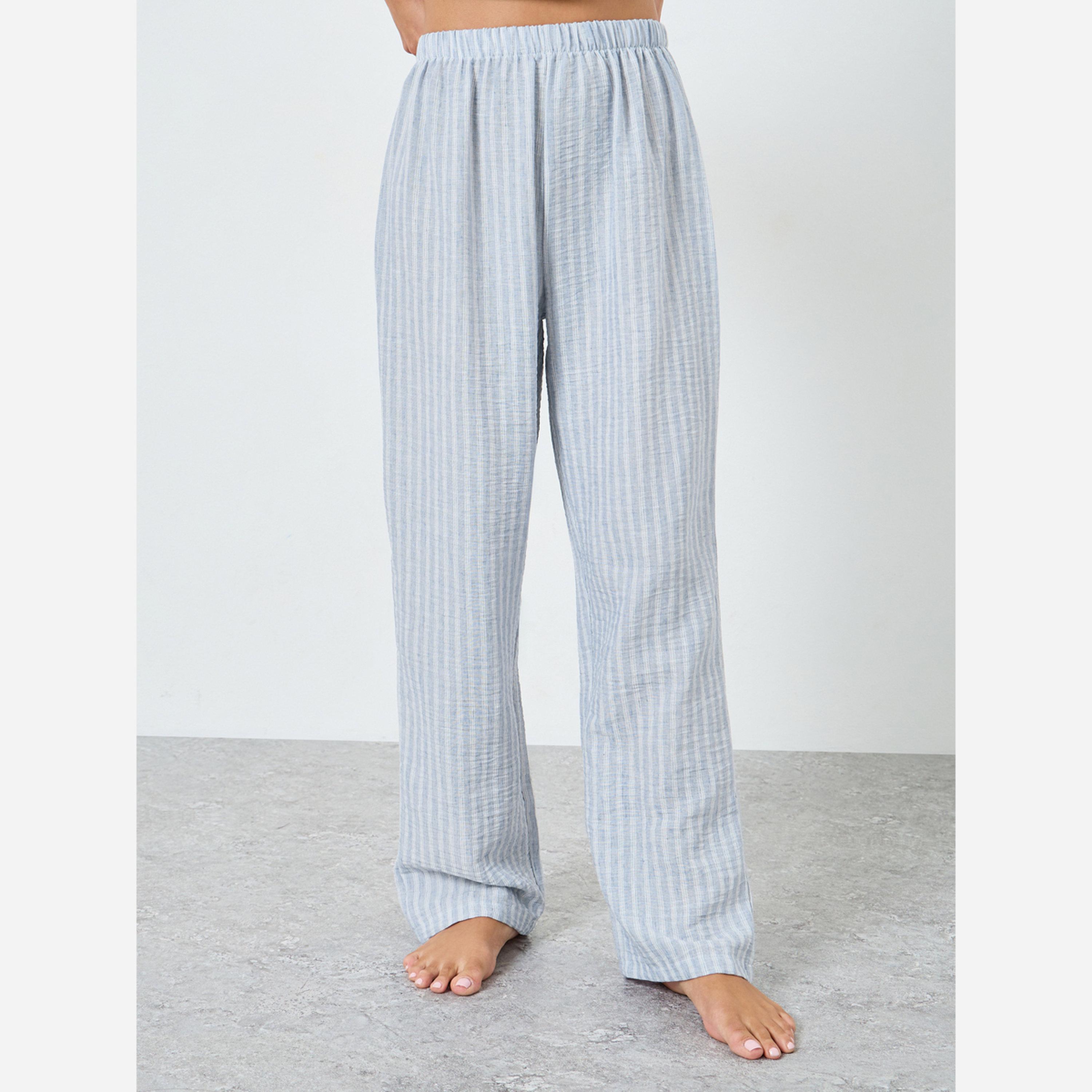 Styli Woven Linen Look Striped Shirt and Pyjama Set-women-clothing-nightwear-pyjamas-longsets-image-5