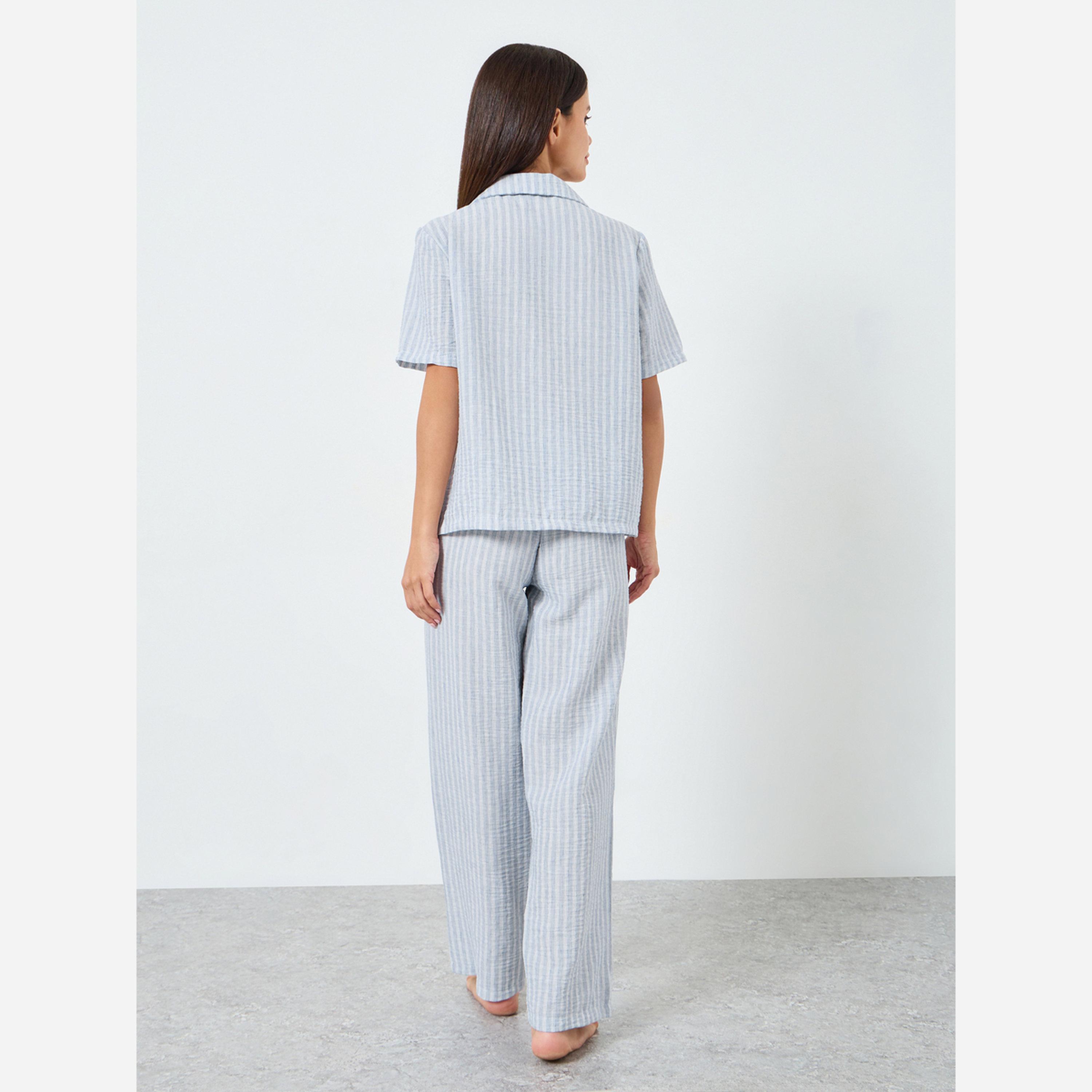 Styli Woven Linen Look Striped Shirt and Pyjama Set-women-clothing-nightwear-pyjamas-longsets-image-6