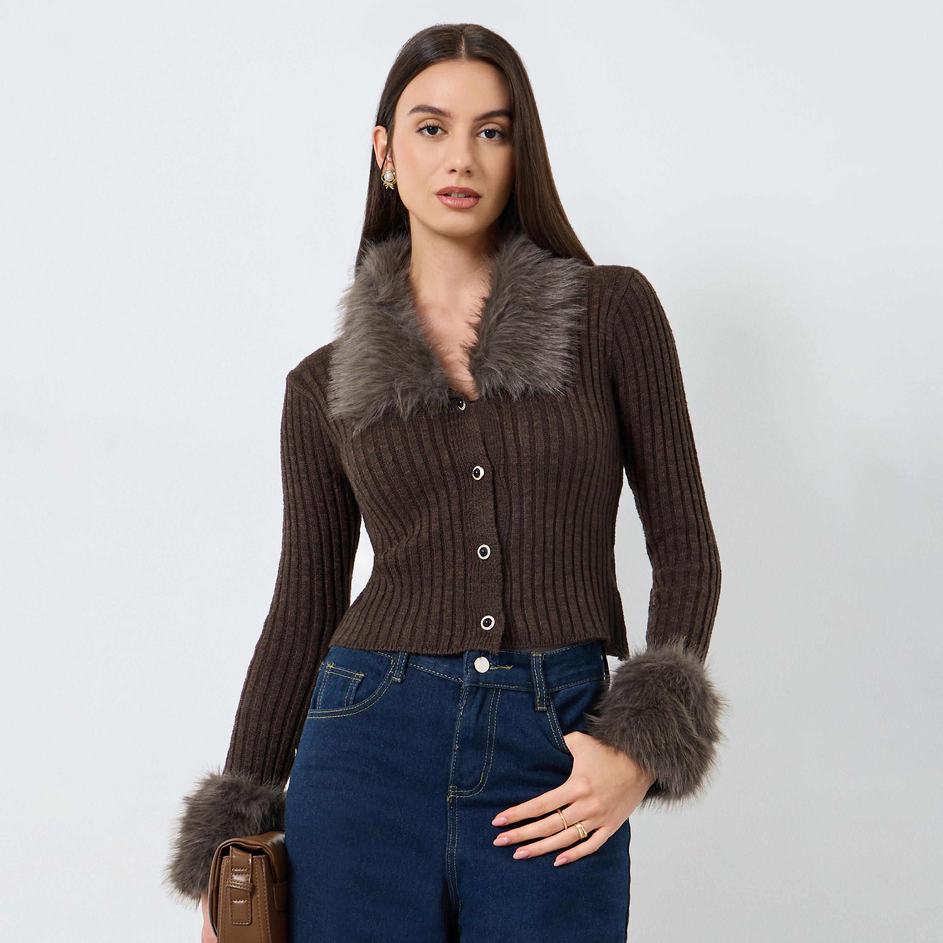 Take Two Coffee Brown Faux Fur Trim Cardigan Top-women-winterwear-cardigansandjumpers-cardigans-image-1