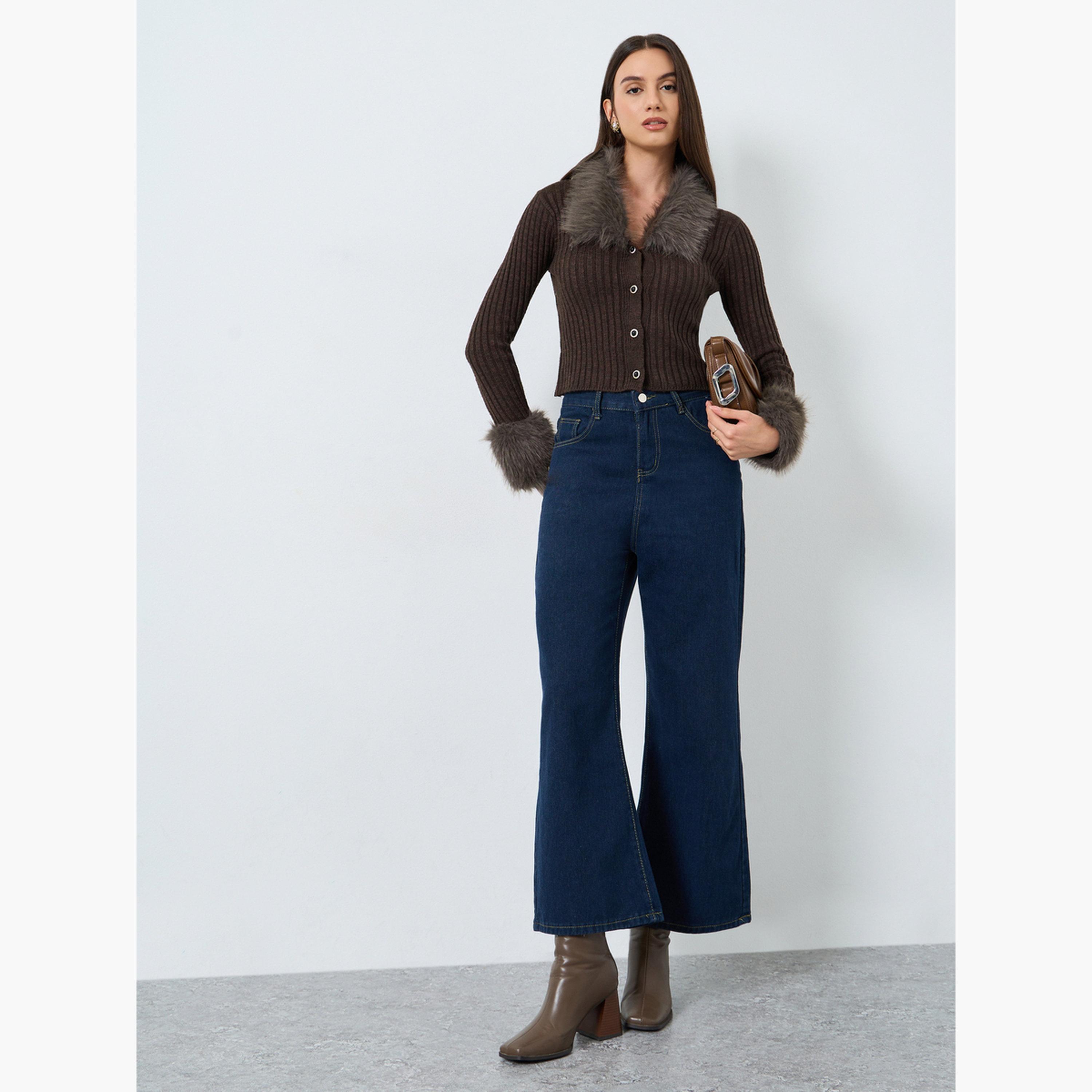 تيك تو - بلوزة كارديغان مزينة بالفرو الصناعي لون بني القهوة-women-winterwear-cardigansandjumpers-cardigans-image-2