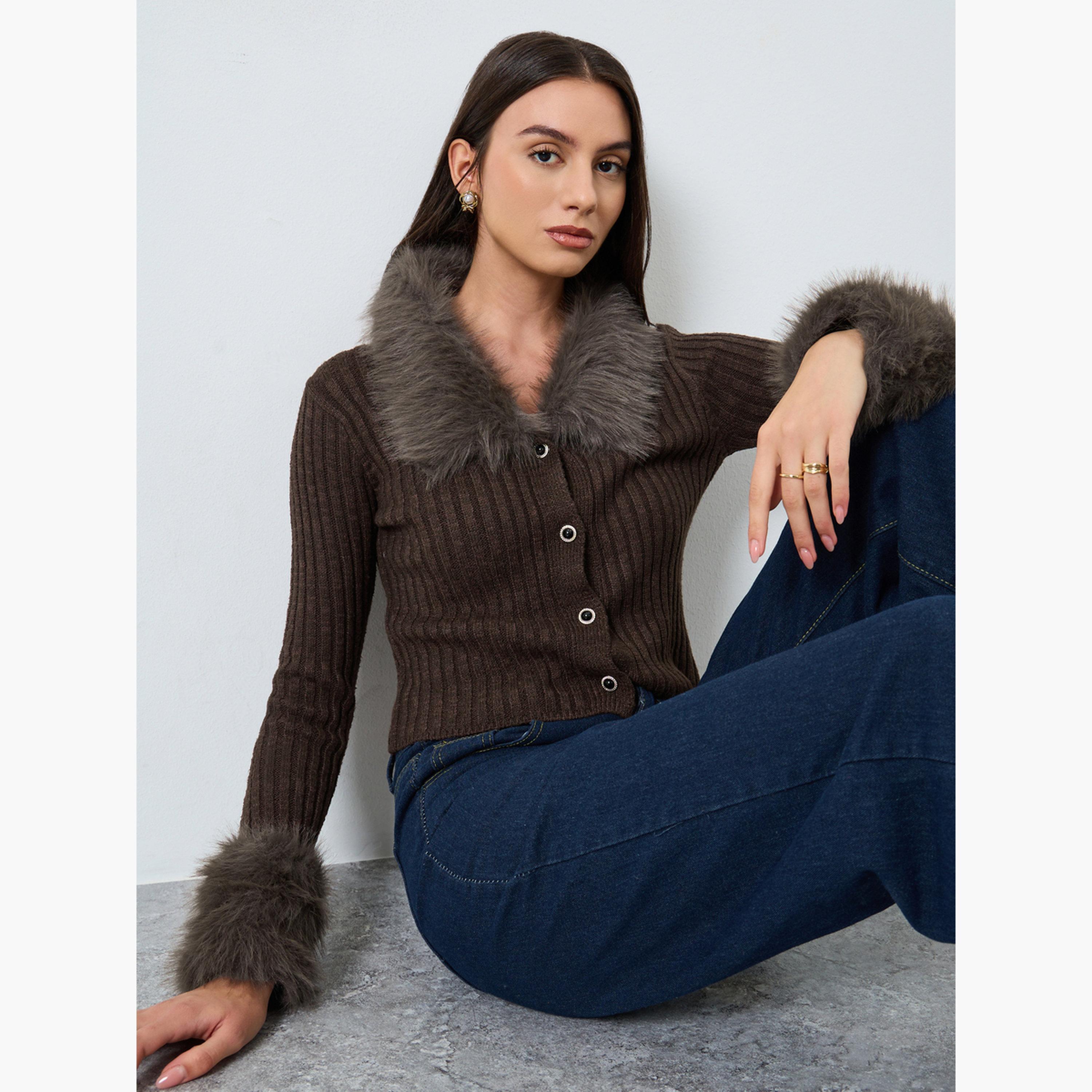 Take Two Coffee Brown Faux Fur Trim Cardigan Top-women-winterwear-cardigansandjumpers-cardigans-image-3