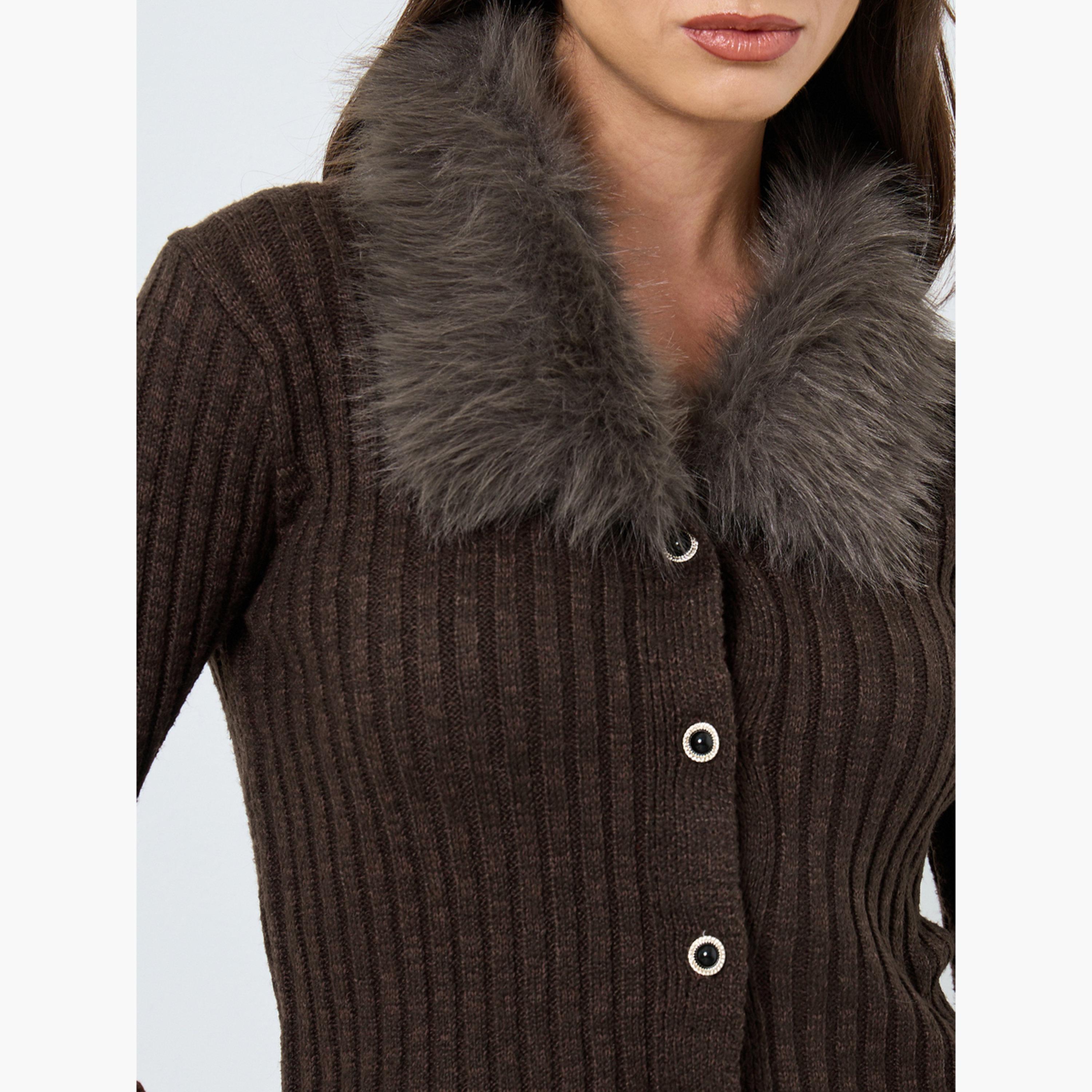 Take Two Coffee Brown Faux Fur Trim Cardigan Top-women-winterwear-cardigansandjumpers-cardigans-image-4