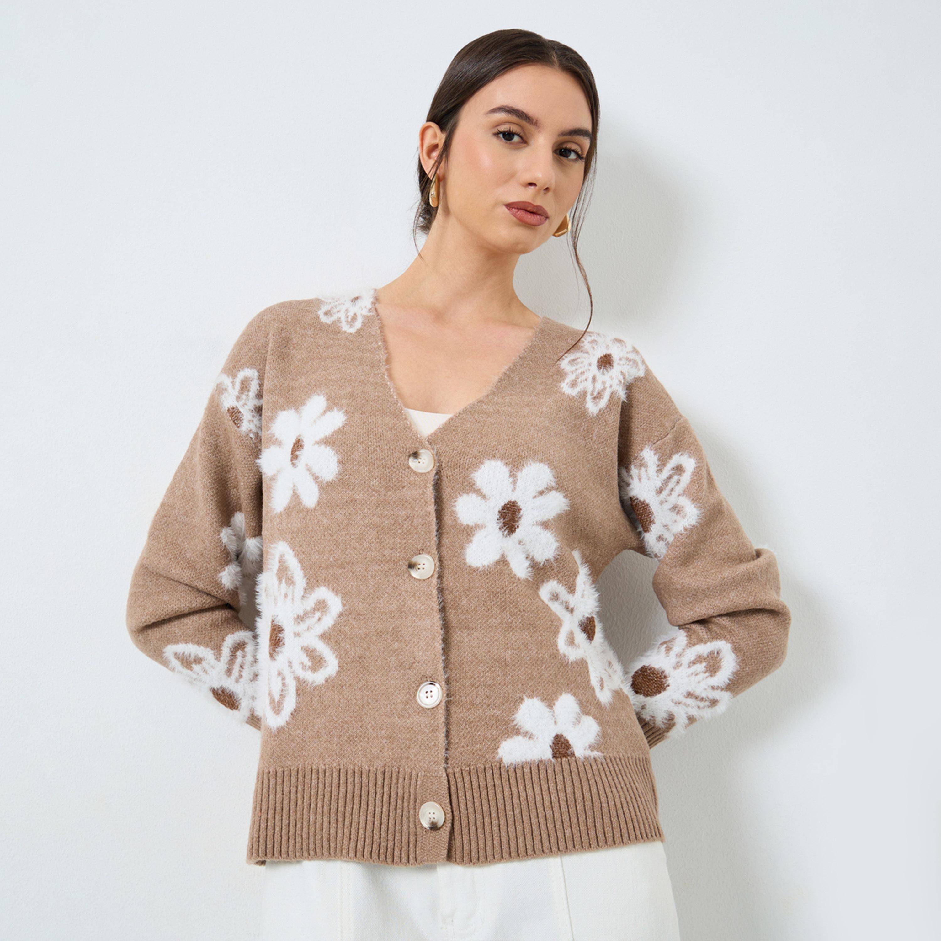Take Two Beige Floral Pattern Furry Knit Cardigan-women-clothing-cardigansandjumpers-cardigans-image-1
