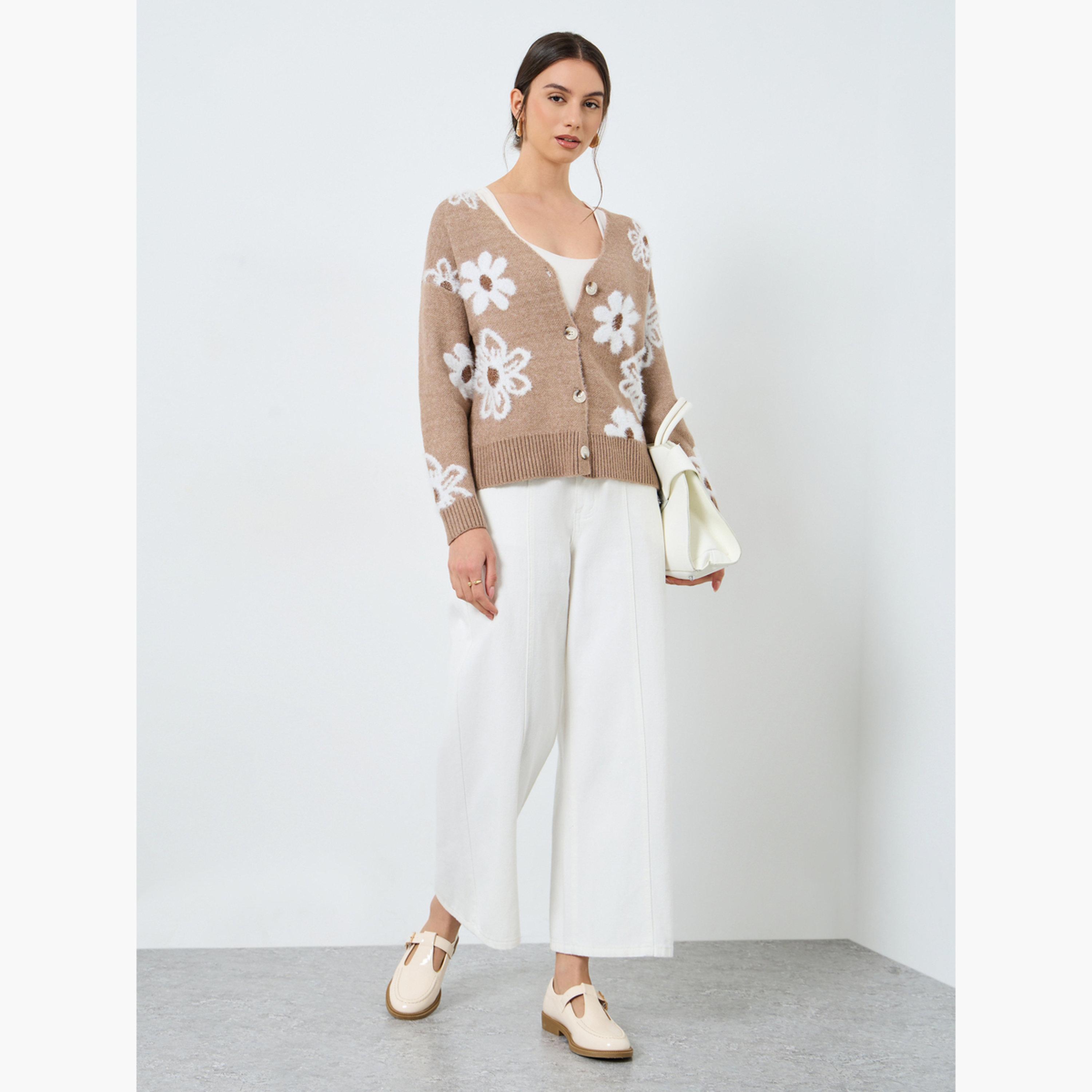 Take Two Beige Floral Pattern Furry Knit Cardigan-women-clothing-cardigansandjumpers-cardigans-image-2