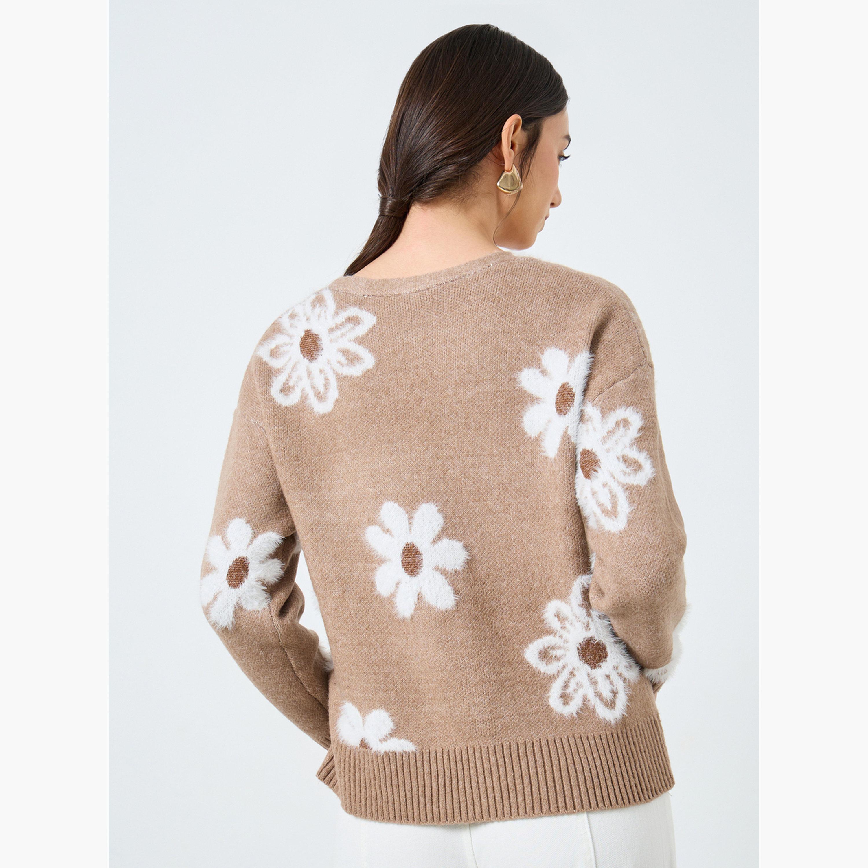 Take Two Beige Floral Pattern Furry Knit Cardigan-women-clothing-cardigansandjumpers-cardigans-image-3
