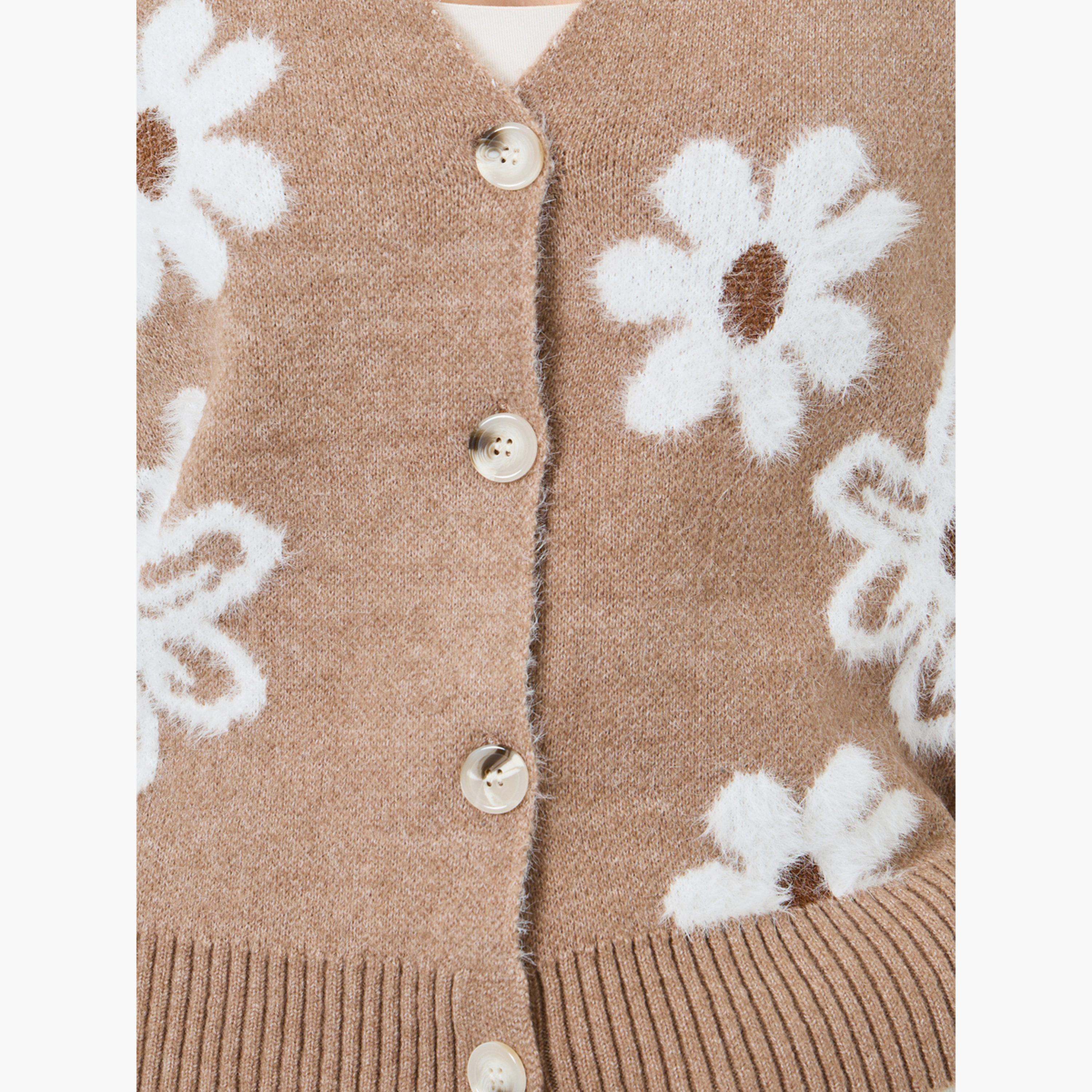 Take Two Beige Floral Pattern Furry Knit Cardigan-women-clothing-cardigansandjumpers-cardigans-image-4